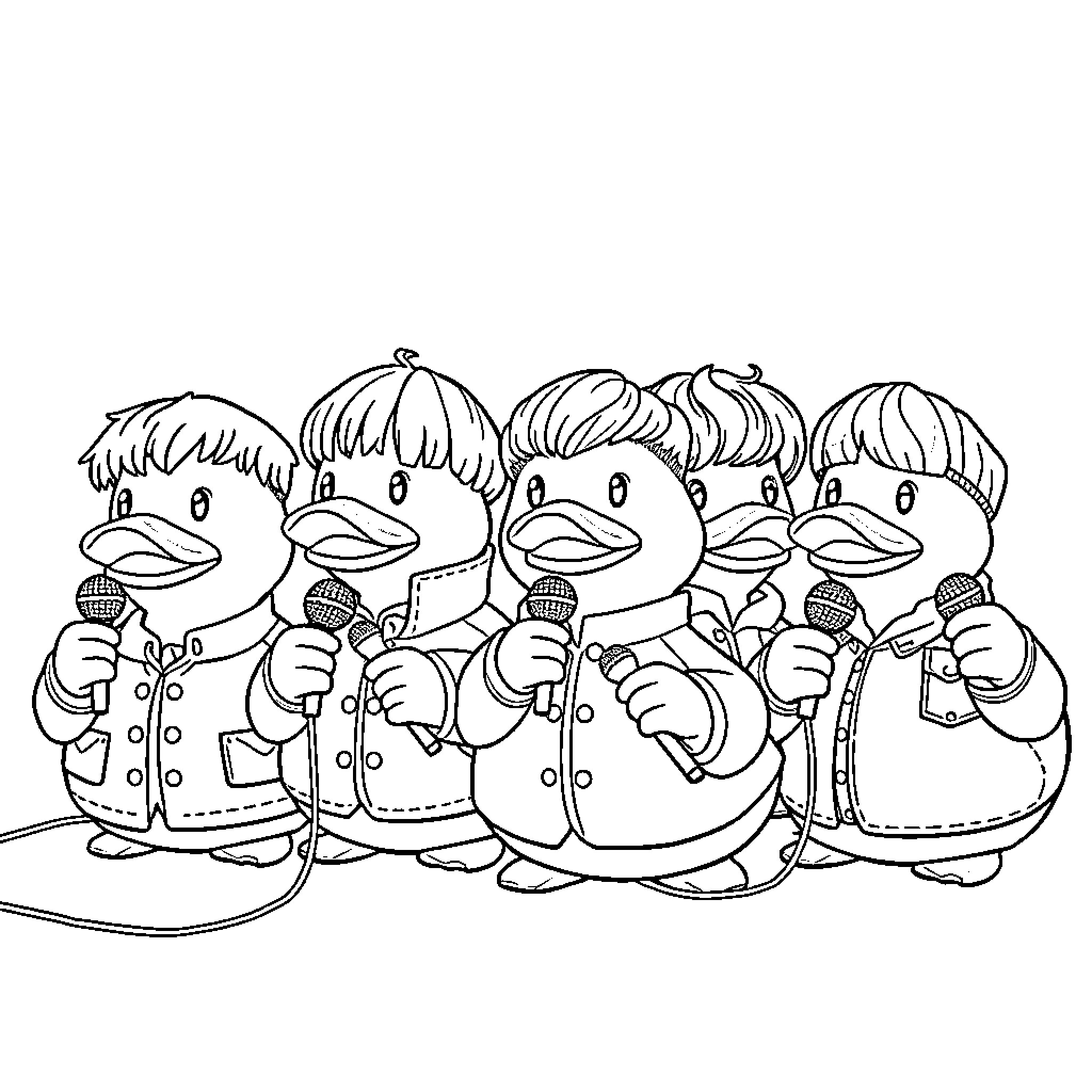 Rubber Duck Choir Singing Happily Coloring Page (free black-and-white line drawing printable PDF for all, from beginners to advanced learners, including children, teens, adults, and seniors)