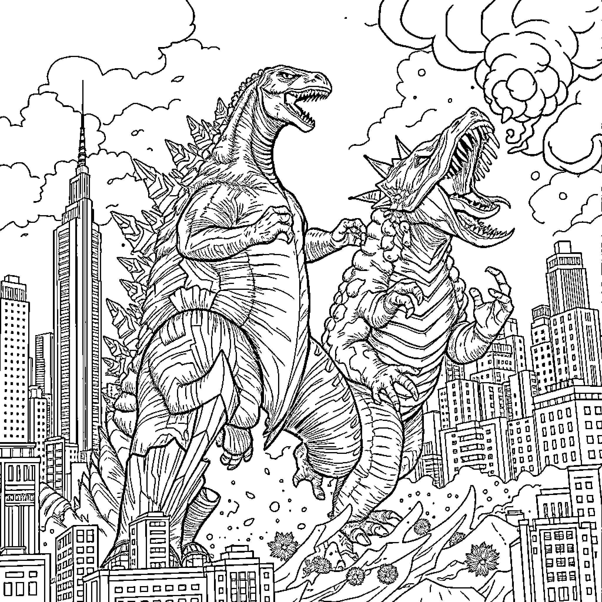 Godzilla and Mothra battle in the city Coloring Page (free black-and-white line drawing printable PDF for all, from beginners to advanced learners, including children, teens, adults, and seniors)