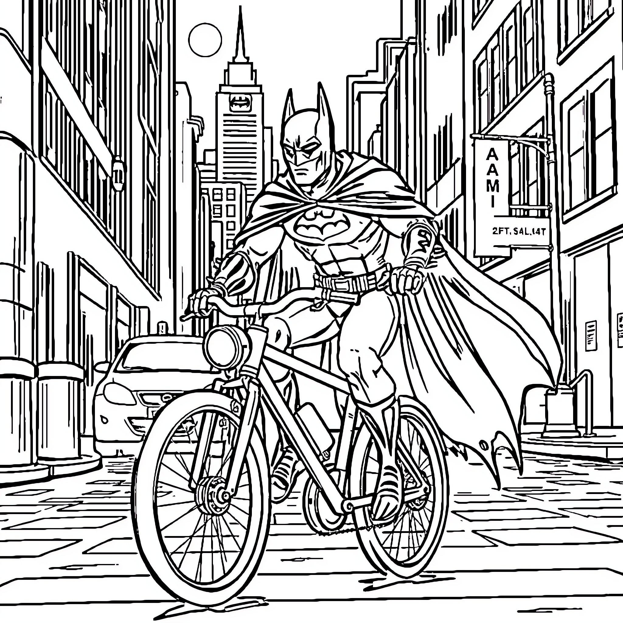 Batman Zooming Through the City on Bicycle Coloring Page (free black-and-white line drawing printable PDF for all, from beginners to advanced learners, including children, teens, adults, and seniors)