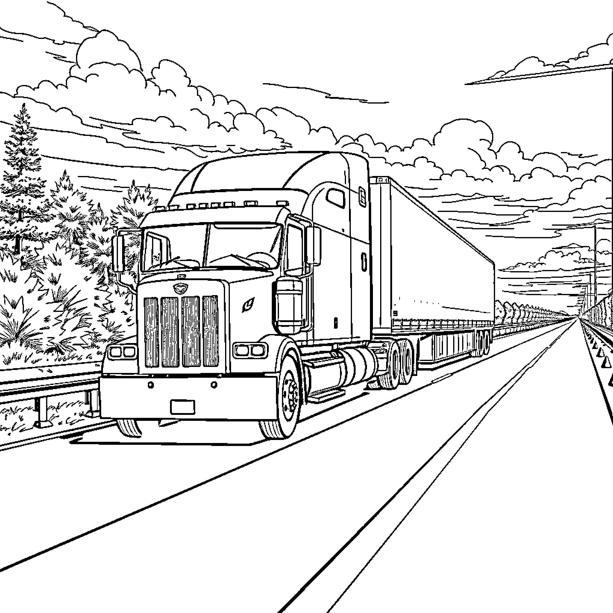 Truck Transporting Cargo on Winding Road Coloring Page (free black-and-white line drawing printable PDF for all, from beginners to advanced learners, including children, teens, adults, and seniors)