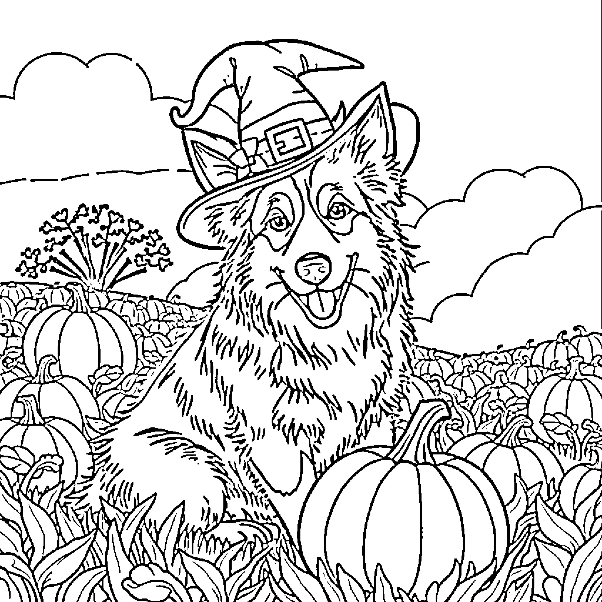 Border Collie enjoying the autumn scenery Coloring Page (free black-and-white line drawing printable PDF for all, from beginners to advanced learners, including children, teens, adults, and seniors)