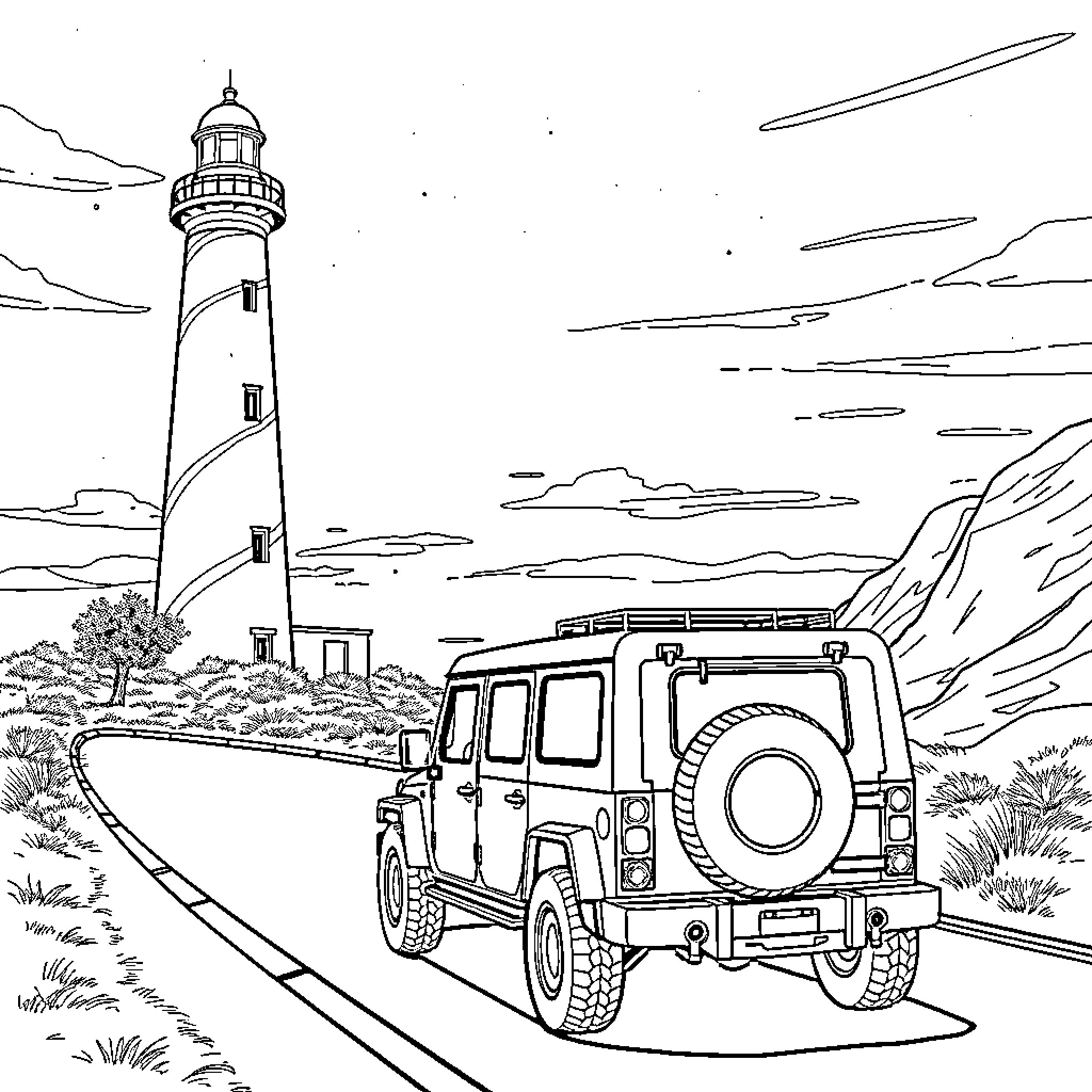 Arma Mojave: Rugged Adventure at the Lighthouse Coloring Page (free black-and-white line drawing printable PDF for all, from beginners to advanced learners, including children, teens, adults, and seniors)