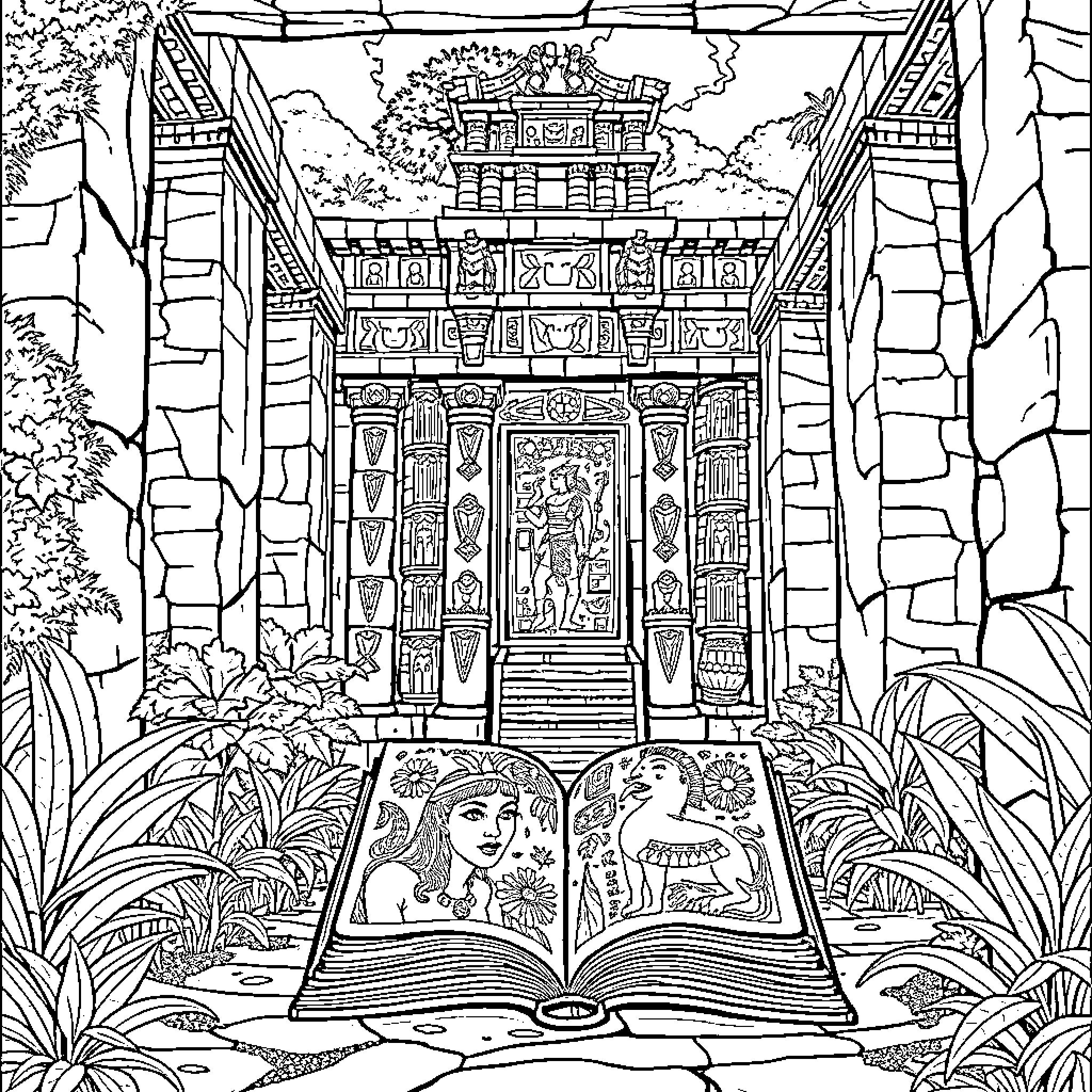 Maya Codex - Intricate Ancient Structures and Symbols Coloring Page (free black-and-white line drawing printable PDF for all, from beginners to advanced learners, including children, teens, adults, and seniors)