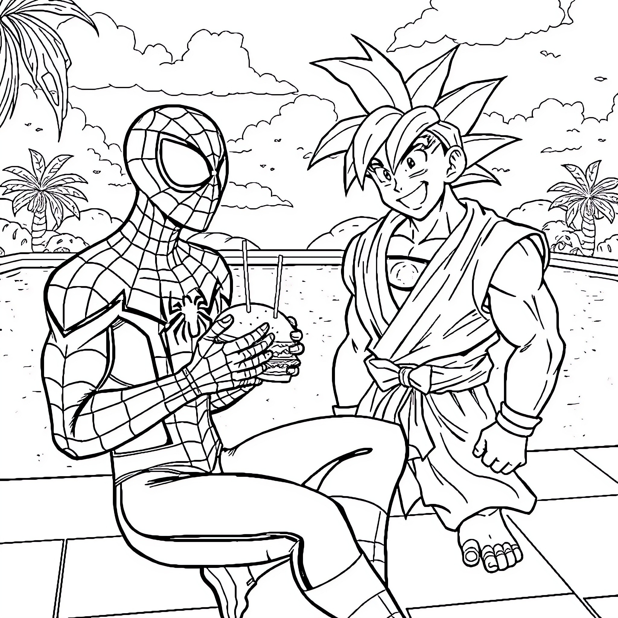 Spider-Man and Goku meet on a tropical beach Coloring Page (free black-and-white line drawing printable PDF for all, from beginners to advanced learners, including children, teens, adults, and seniors)
