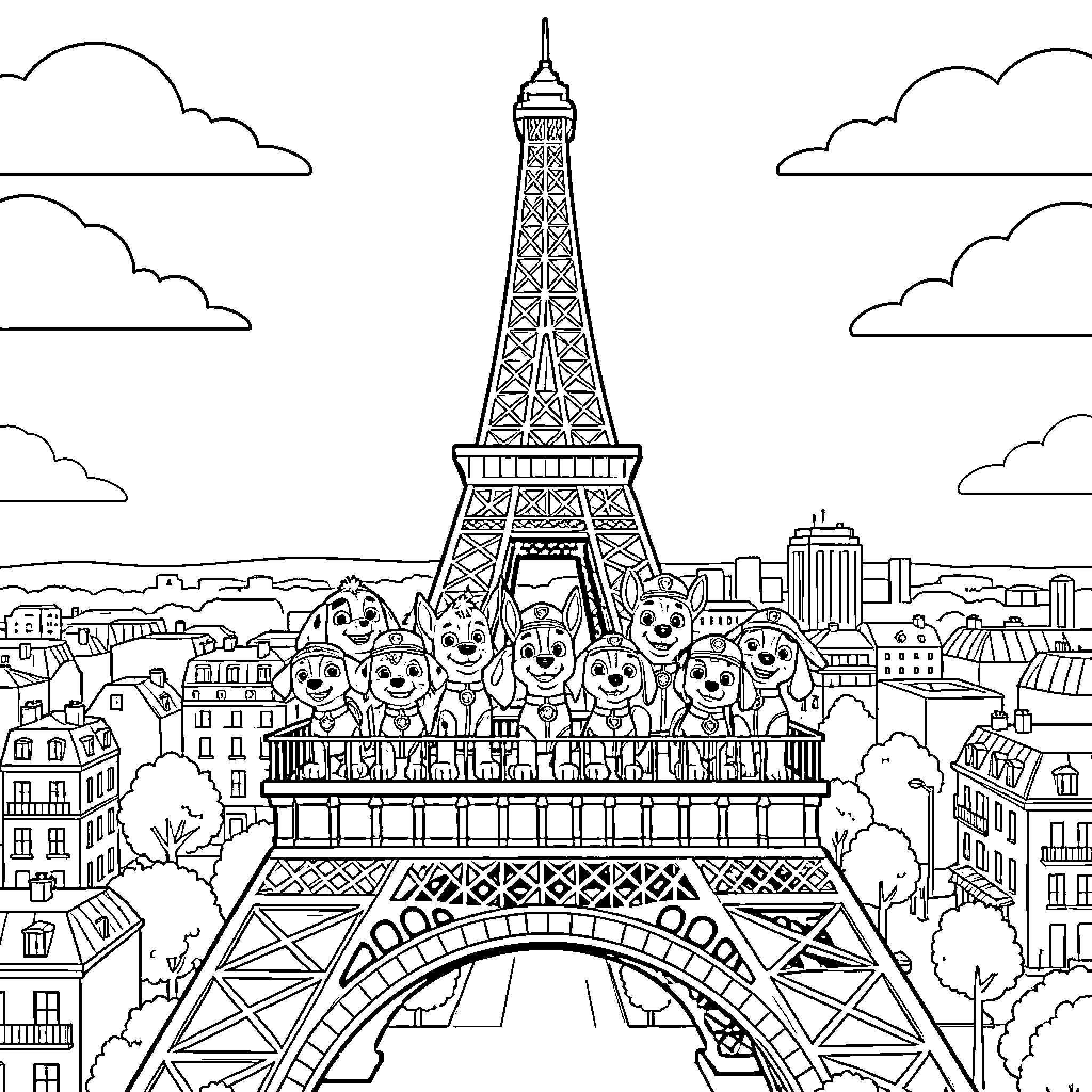 Paw Patrol characters posing in front of the Eiffel Tower Coloring Page (free black-and-white line drawing printable PDF for all, from beginners to advanced learners, including children, teens, adults, and seniors)