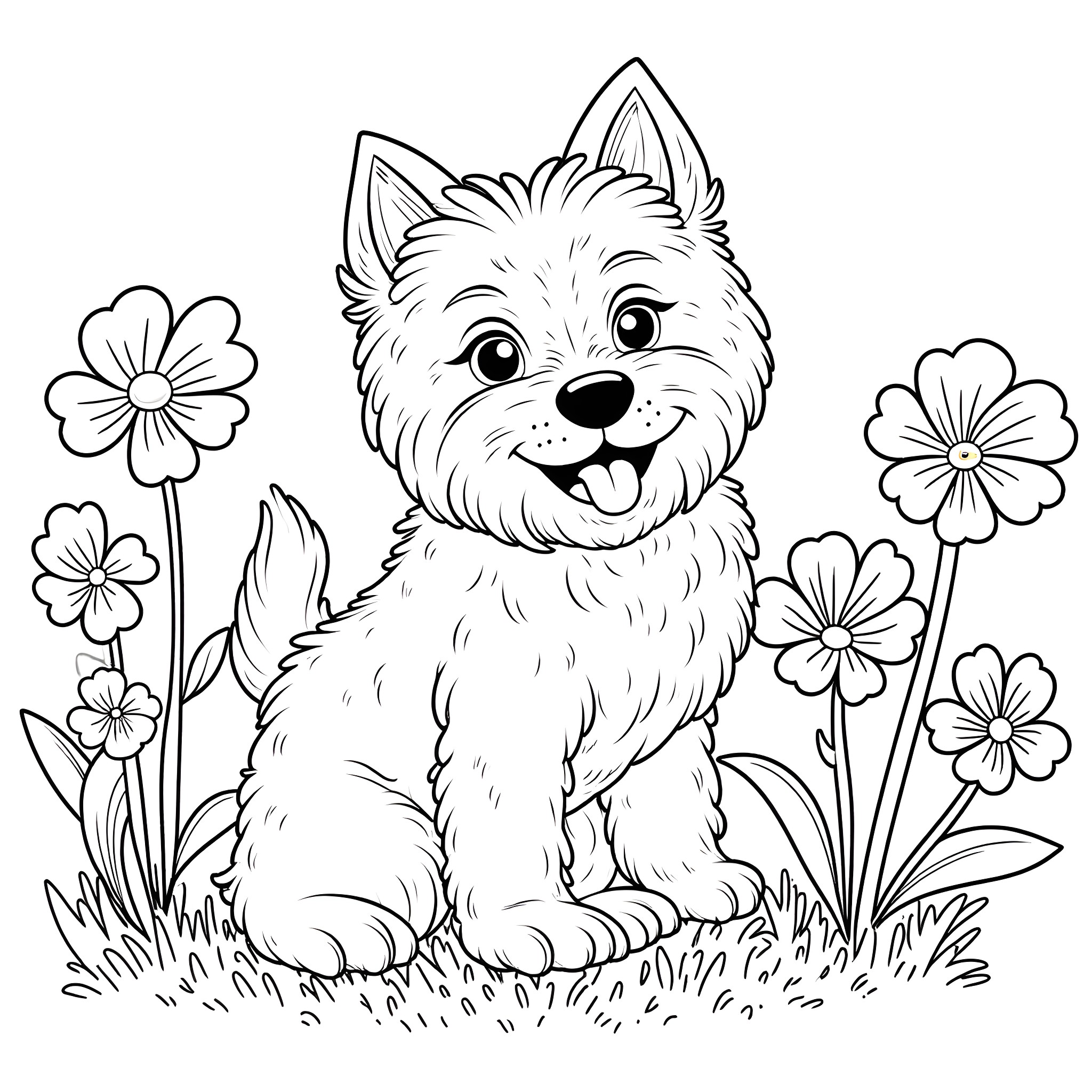 Westie puppy surrounded by cheerful flowers Coloring Page (free black-and-white line drawing printable PDF for all, from beginners to advanced learners, including children, teens, adults, and seniors)