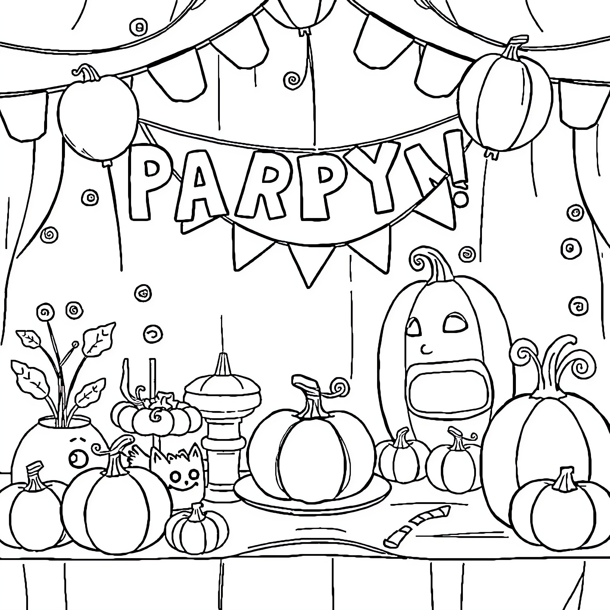 Pumpkin Party with Decorations and Celebrations Coloring Page (free black-and-white line drawing printable PDF for all, from beginners to advanced learners, including children, teens, adults, and seniors)