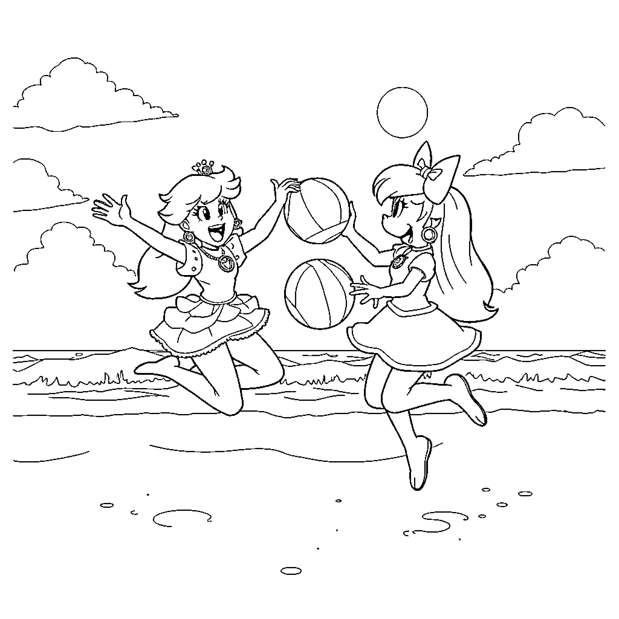 Peach-themed girls playing with beach balls on the shore Coloring Page (free black-and-white line drawing printable PDF for all, from beginners to advanced learners, including children, teens, adults, and seniors)