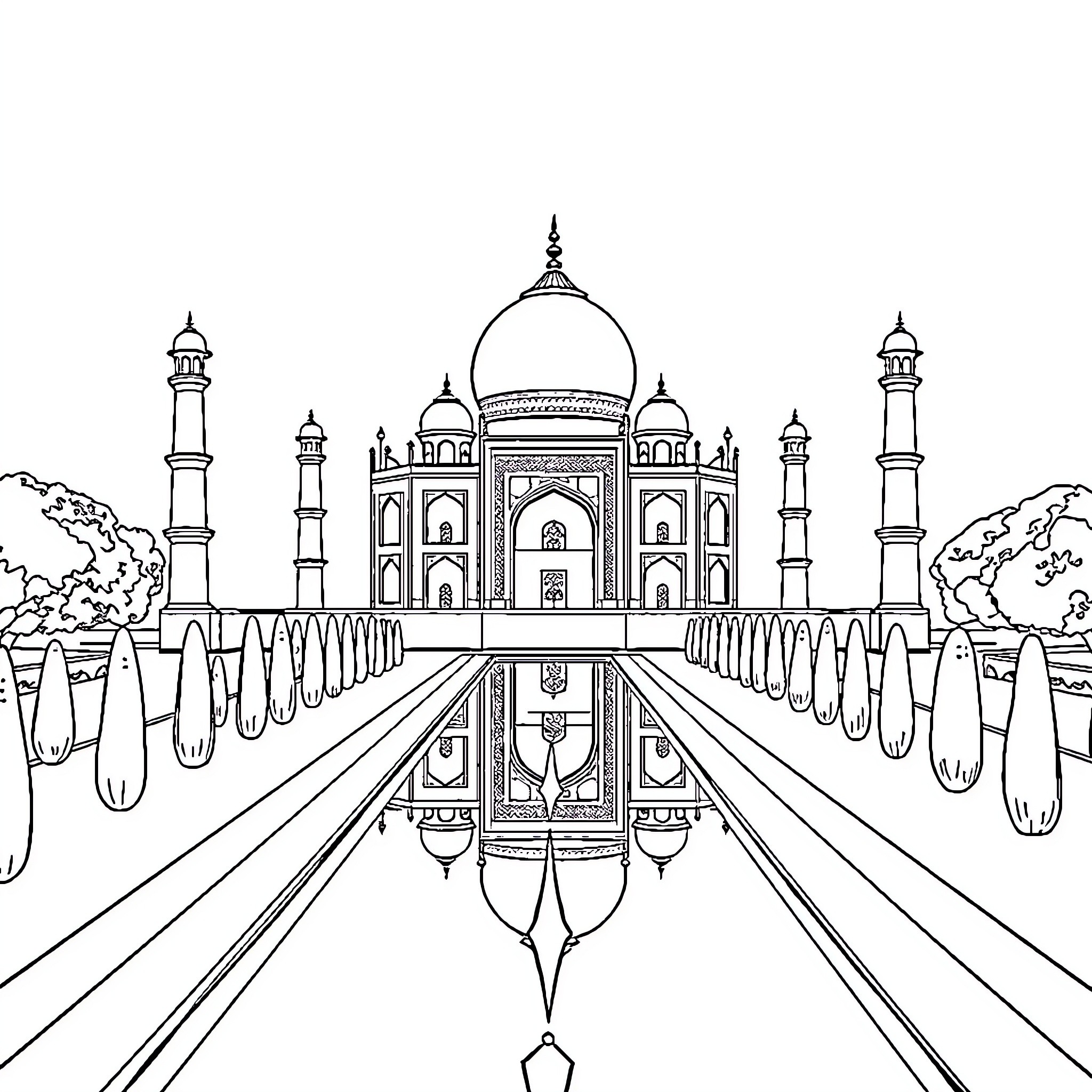 Taj Mahal reflected in a serene pool Coloring Page (free black-and-white line drawing printable PDF for all, from beginners to advanced learners, including children, teens, adults, and seniors)