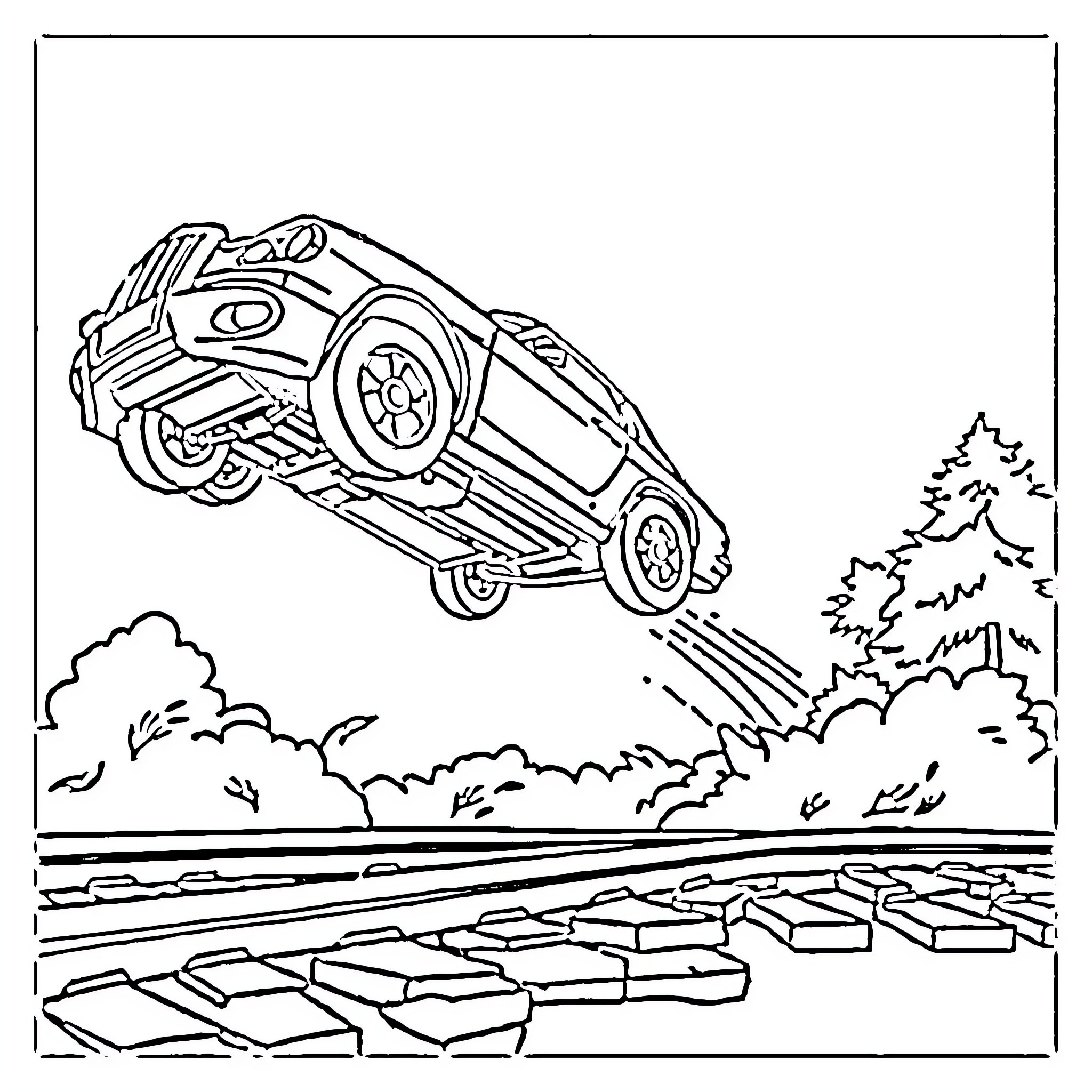 Car racing over obstacles in the woods Coloring Page (free black-and-white line drawing printable PDF for all, from beginners to advanced learners, including children, teens, adults, and seniors)