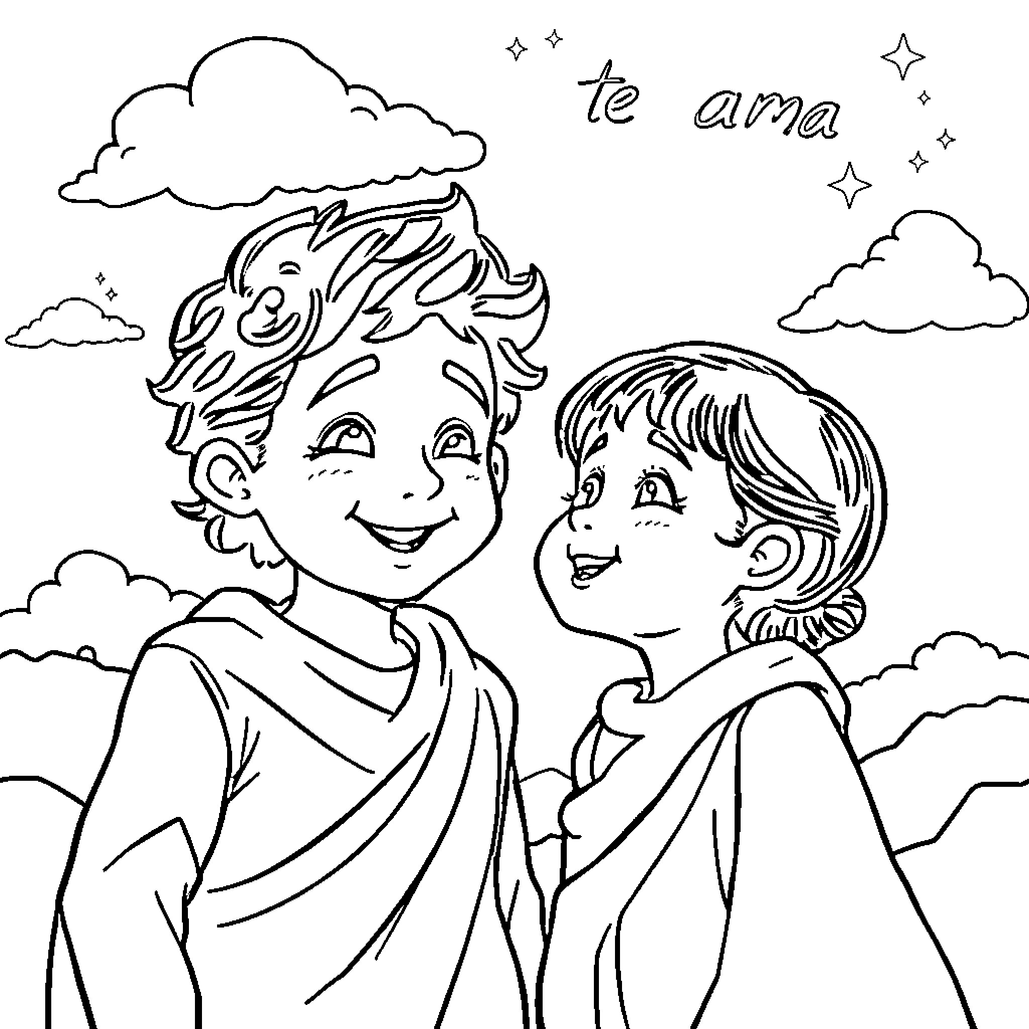 Niño and girl enjoying the sky Coloring Page (free black-and-white line drawing printable PDF for all, from beginners to advanced learners, including children, teens, adults, and seniors)
