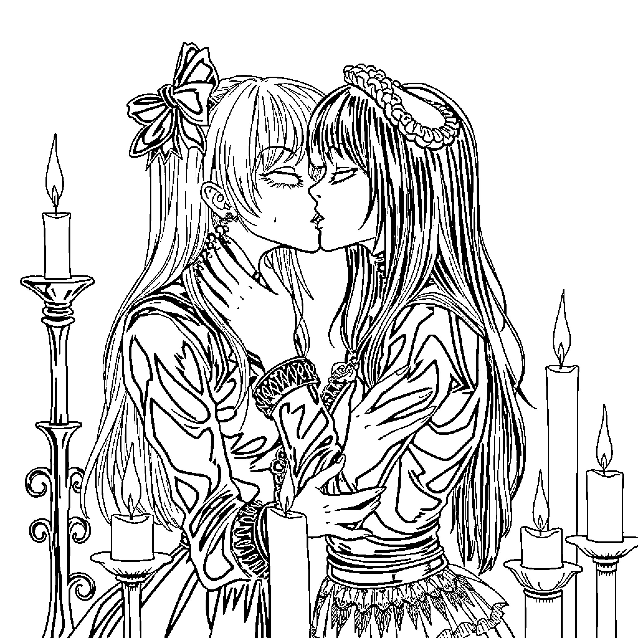 Goth Girl Sharing a Romantic Moment Coloring Page (free black-and-white line drawing printable PDF for all, from beginners to advanced learners, including children, teens, adults, and seniors)