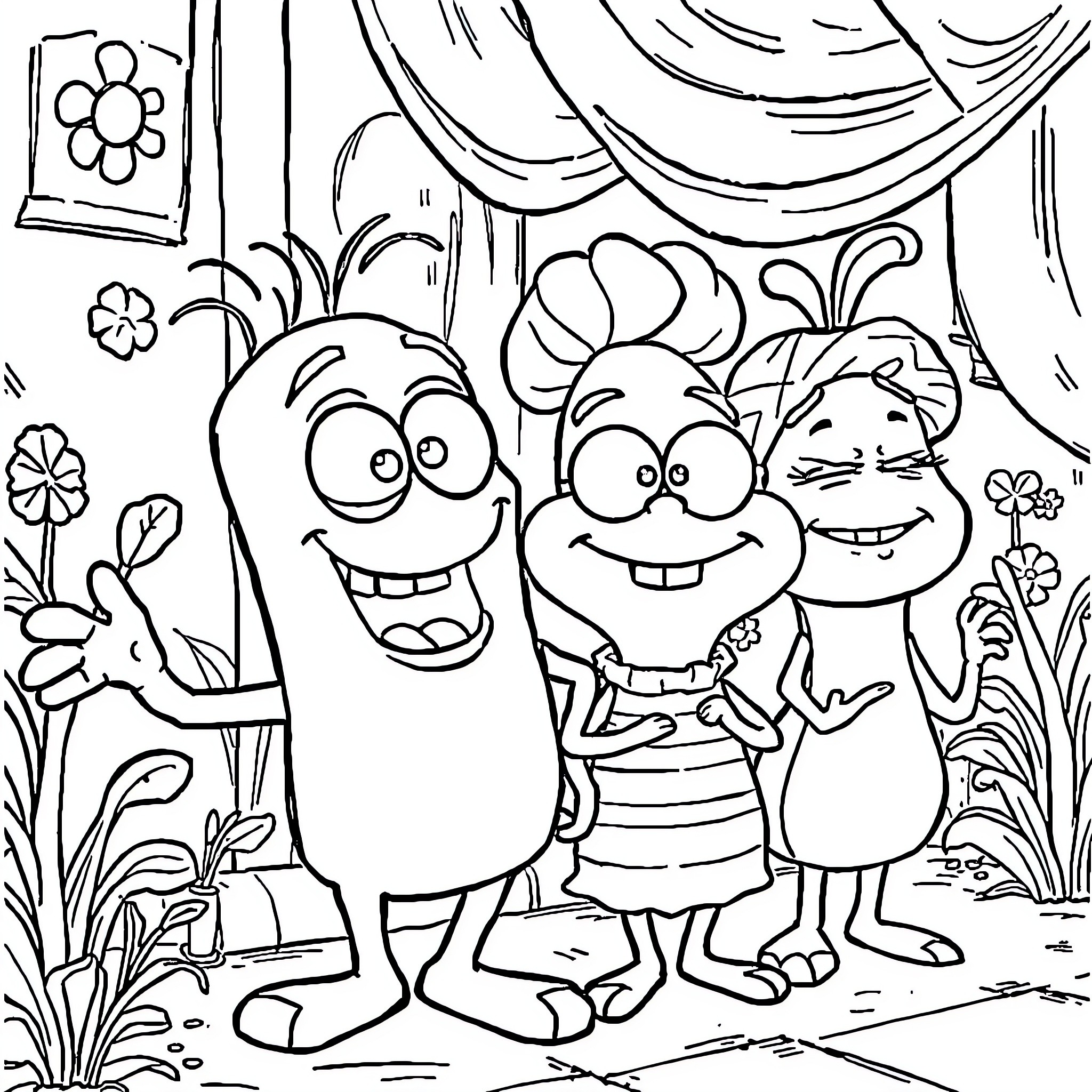 Bob l'éponge and friends in a cartoon-like scene Coloring Page (free black-and-white line drawing printable PDF for all, from beginners to advanced learners, including children, teens, adults, and seniors)
