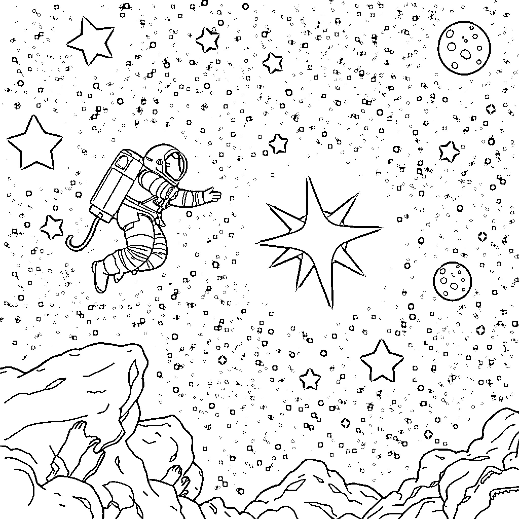 Astronaut exploring the starry cosmos Coloring Page (free black-and-white line drawing printable PDF for all, from beginners to advanced learners, including children, teens, adults, and seniors)