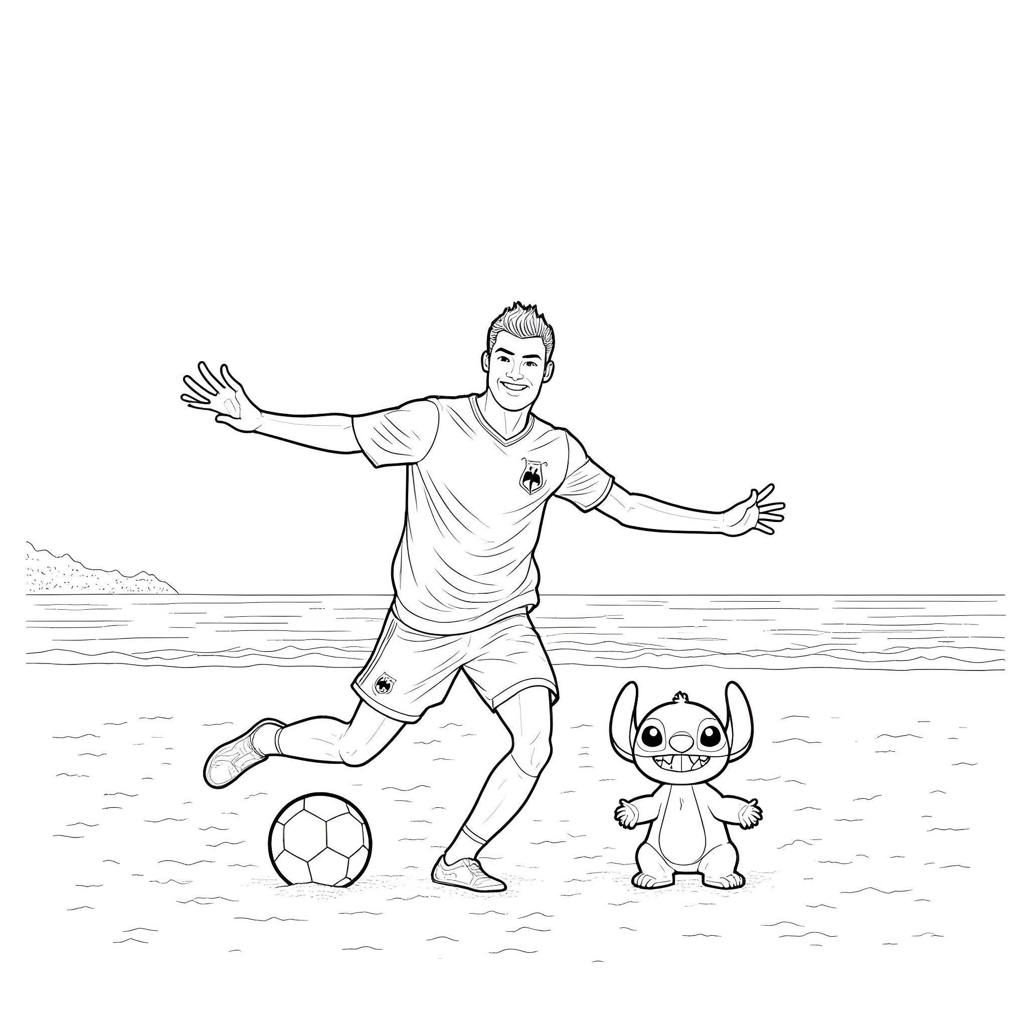 Ronaldo playing soccer with Stitch on the beach Coloring Page (free black-and-white line drawing printable PDF for all, from beginners to advanced learners, including children, teens, adults, and seniors)