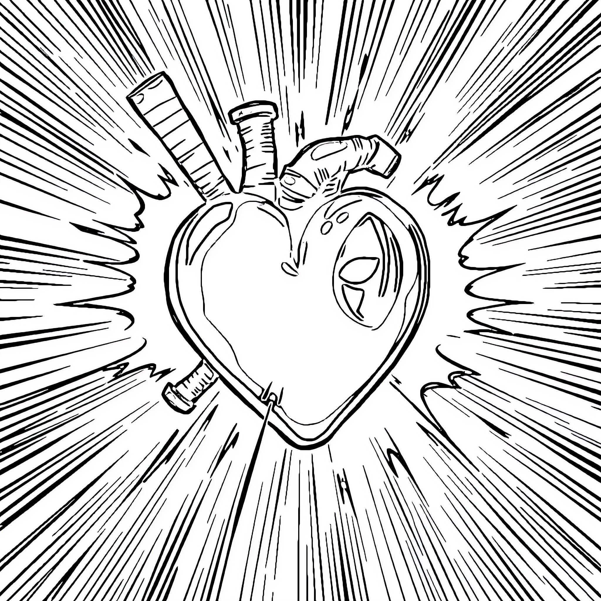 Deadpool's Heart in Action and Adventure Coloring Page (free black-and-white line drawing printable PDF for all, from beginners to advanced learners, including children, teens, adults, and seniors)