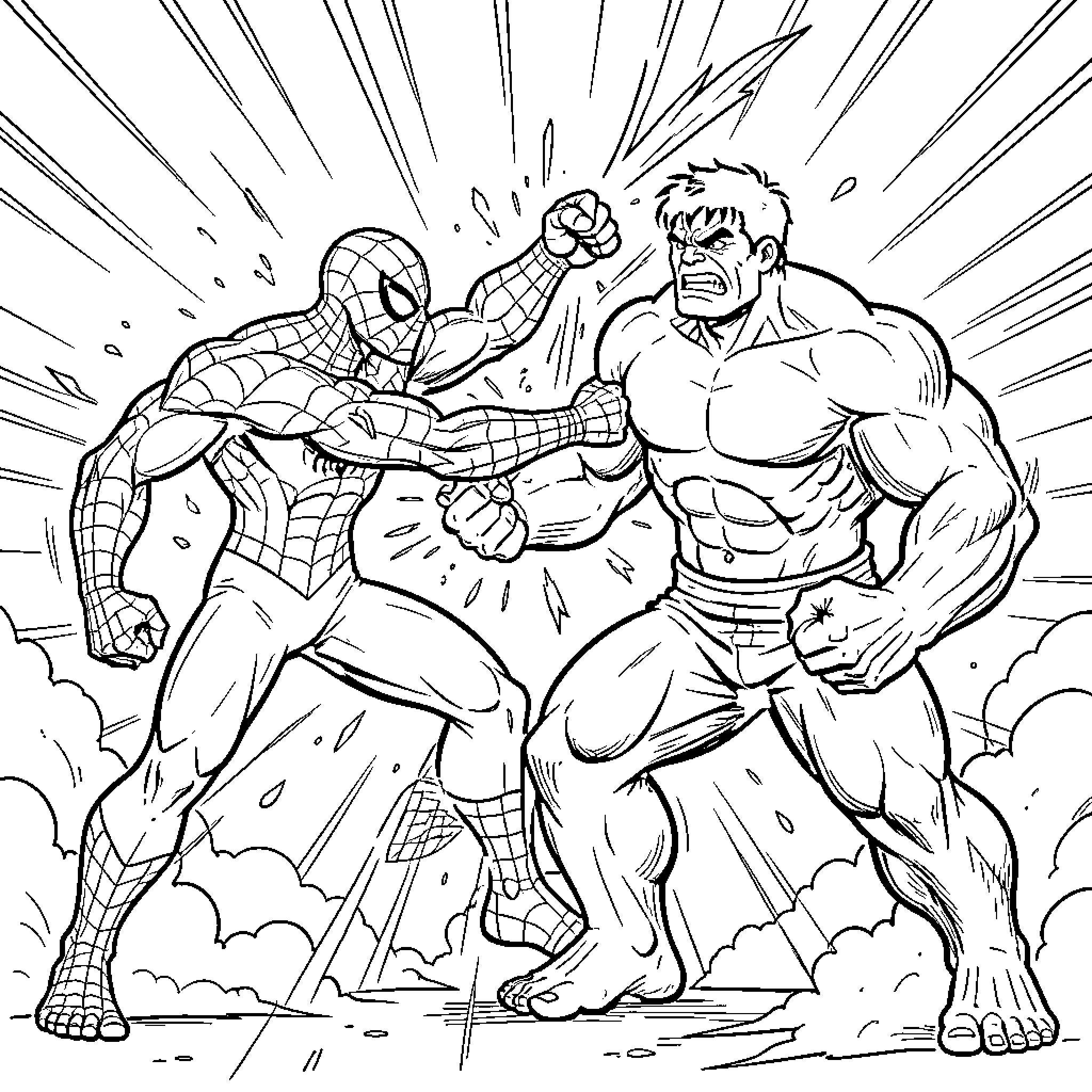 Spiderman fighting a large muscular villain in combat Coloring Page (free black-and-white line drawing printable PDF for all, from beginners to advanced learners, including children, teens, adults, and seniors)