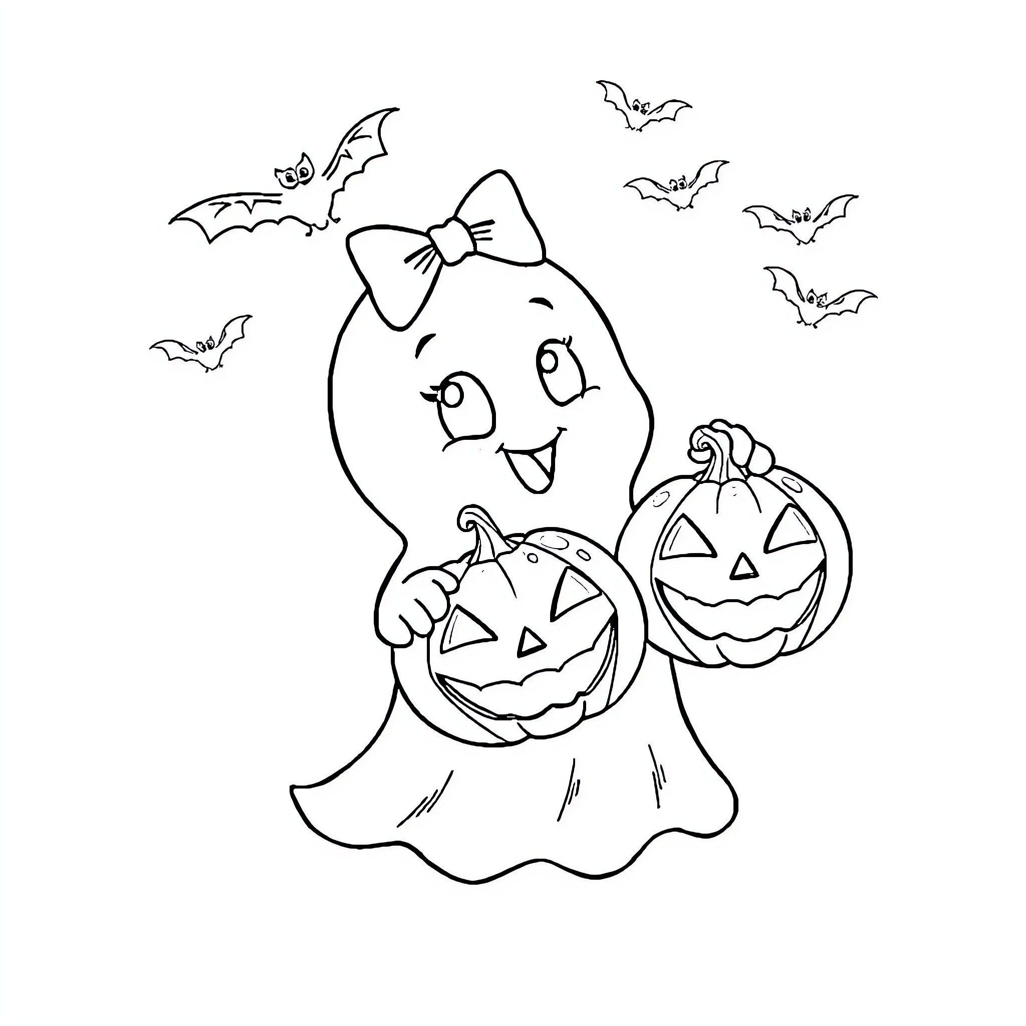 Ghost cheerfully holding jack-o'-lanterns during Halloween Coloring Page (free black-and-white line drawing printable PDF for all, from beginners to advanced learners, including children, teens, adults, and seniors)