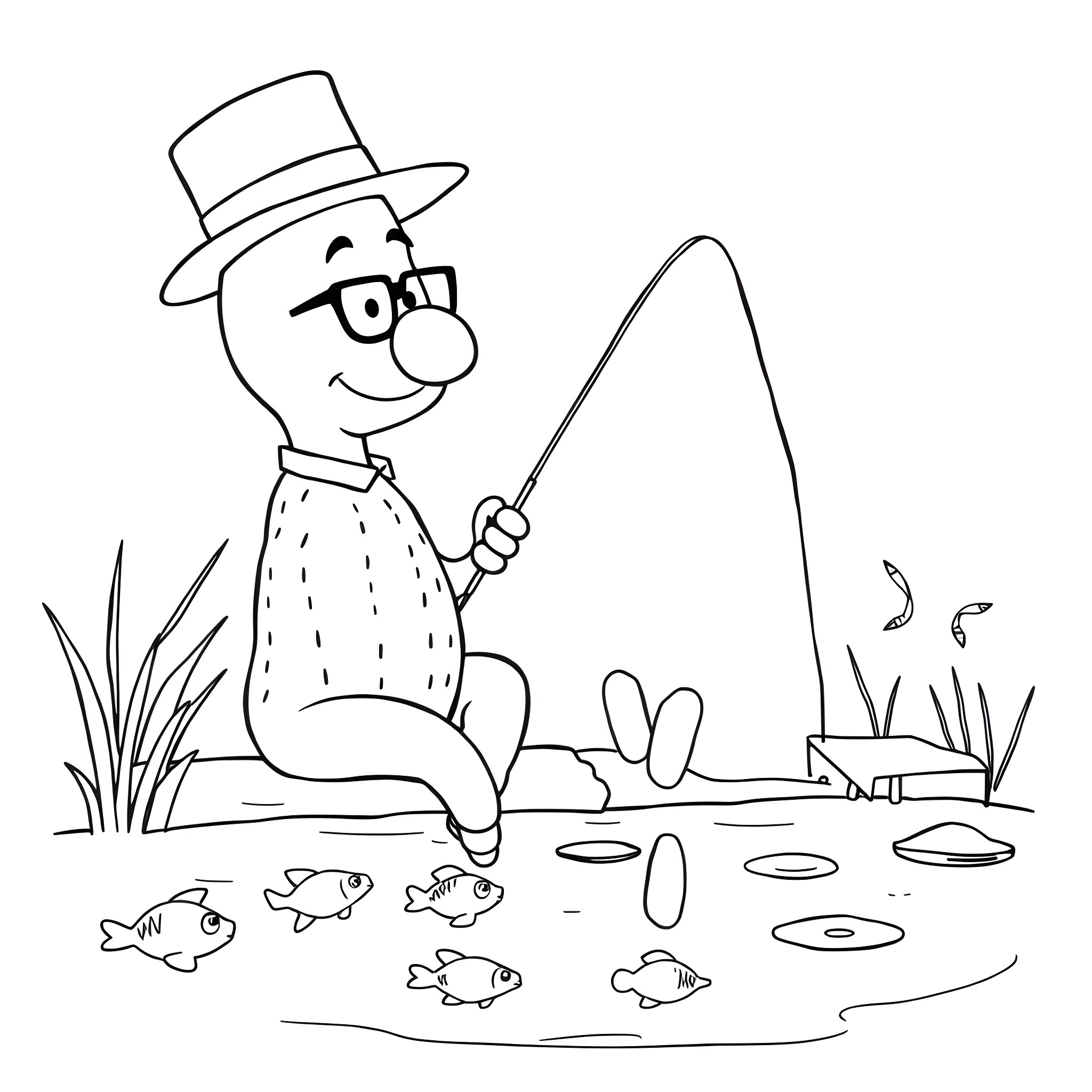 Mr Peanut fishing happily by the lake Coloring Page (free black-and-white line drawing printable PDF for all, from beginners to advanced learners, including children, teens, adults, and seniors)
