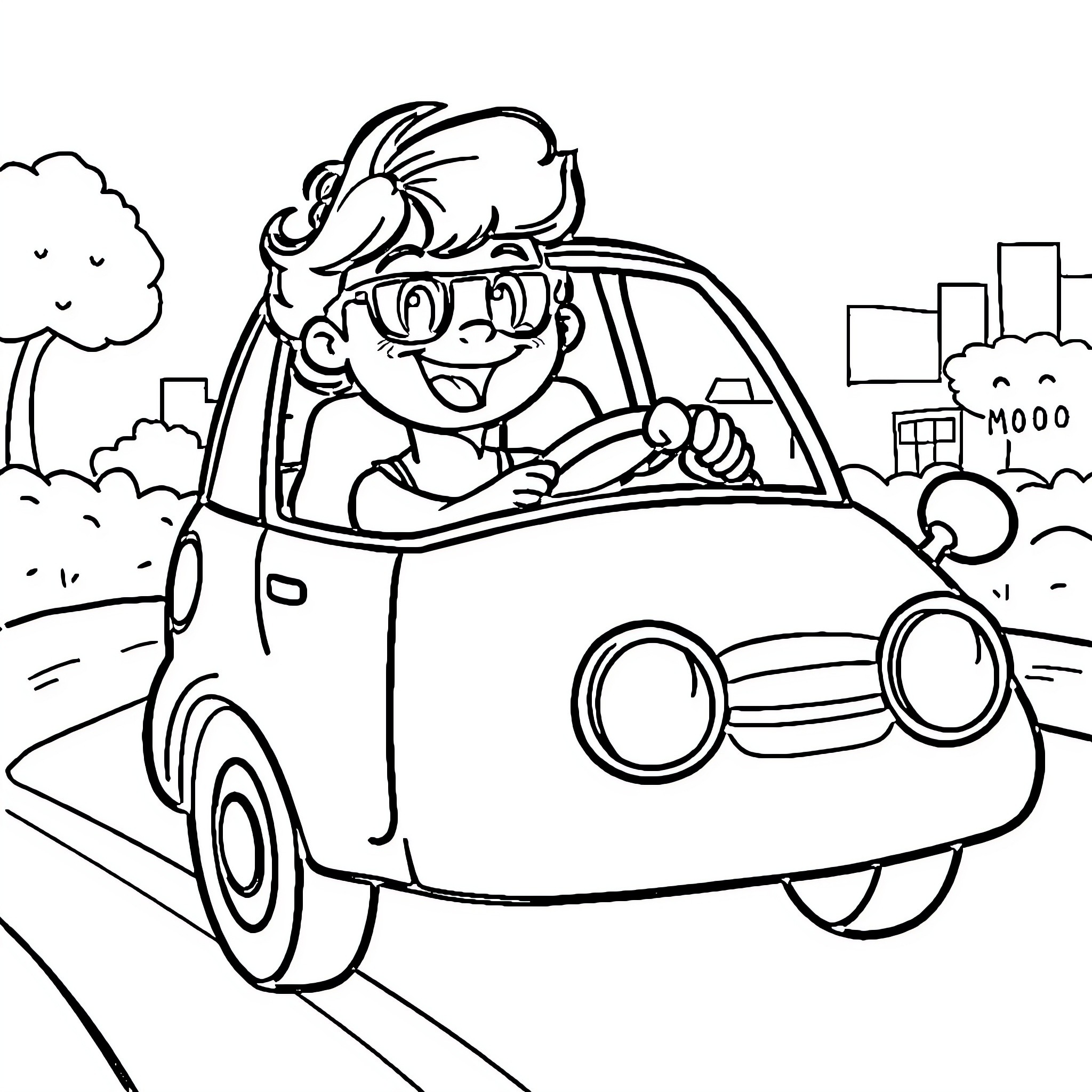Oui-oui driving happily in a cute car Coloring Page (free black-and-white line drawing printable PDF for all, from beginners to advanced learners, including children, teens, adults, and seniors)