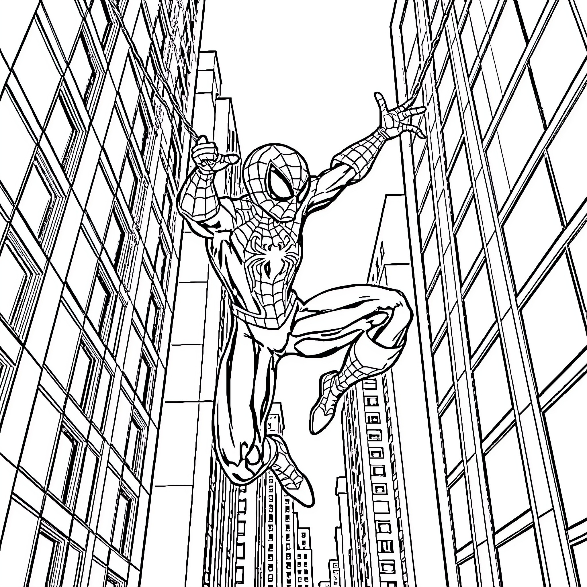 Spiderman swinging through the city skyscrapers Coloring Page (free black-and-white line drawing printable PDF for all, from beginners to advanced learners, including children, teens, adults, and seniors)