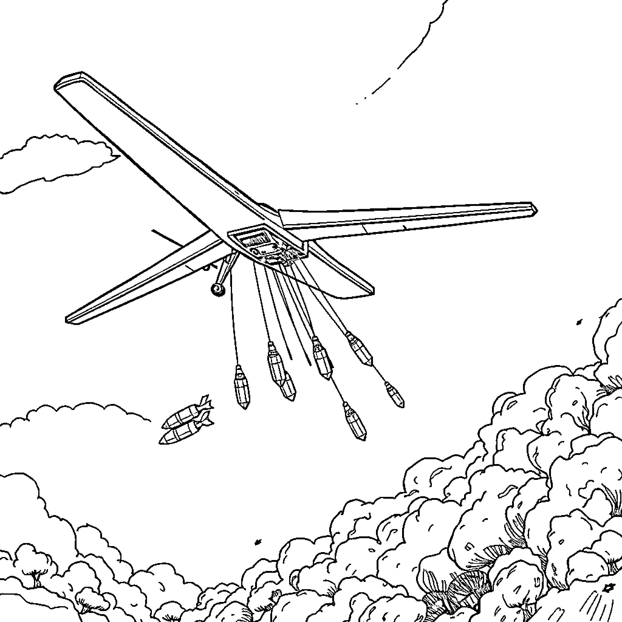 UAV conducting aerial survey above clouds Coloring Page (free black-and-white line drawing printable PDF for all, from beginners to advanced learners, including children, teens, adults, and seniors)