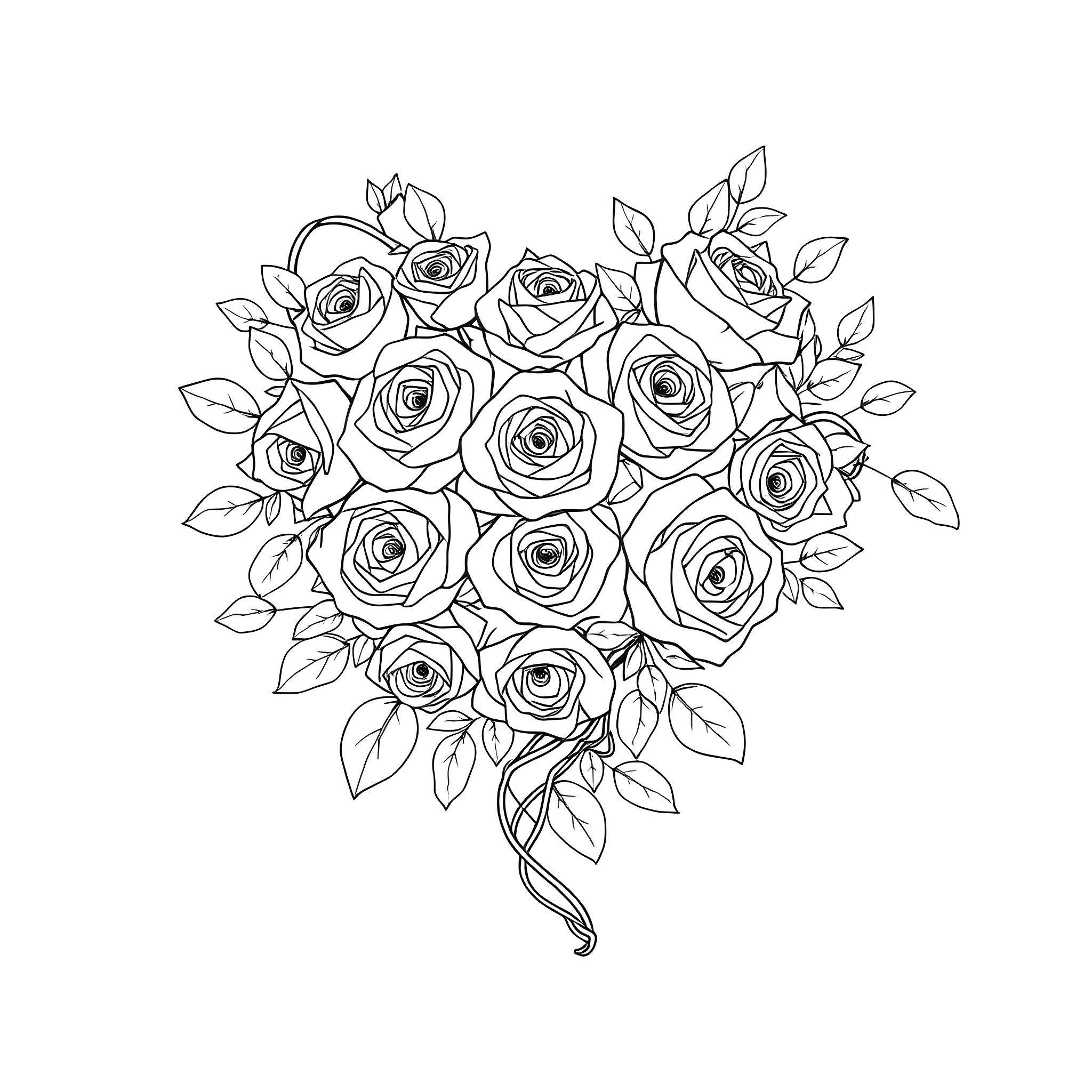 Rose Bouquet with Intricate Floral Details Coloring Page (free black-and-white line drawing printable PDF for all, from beginners to advanced learners, including children, teens, adults, and seniors)
