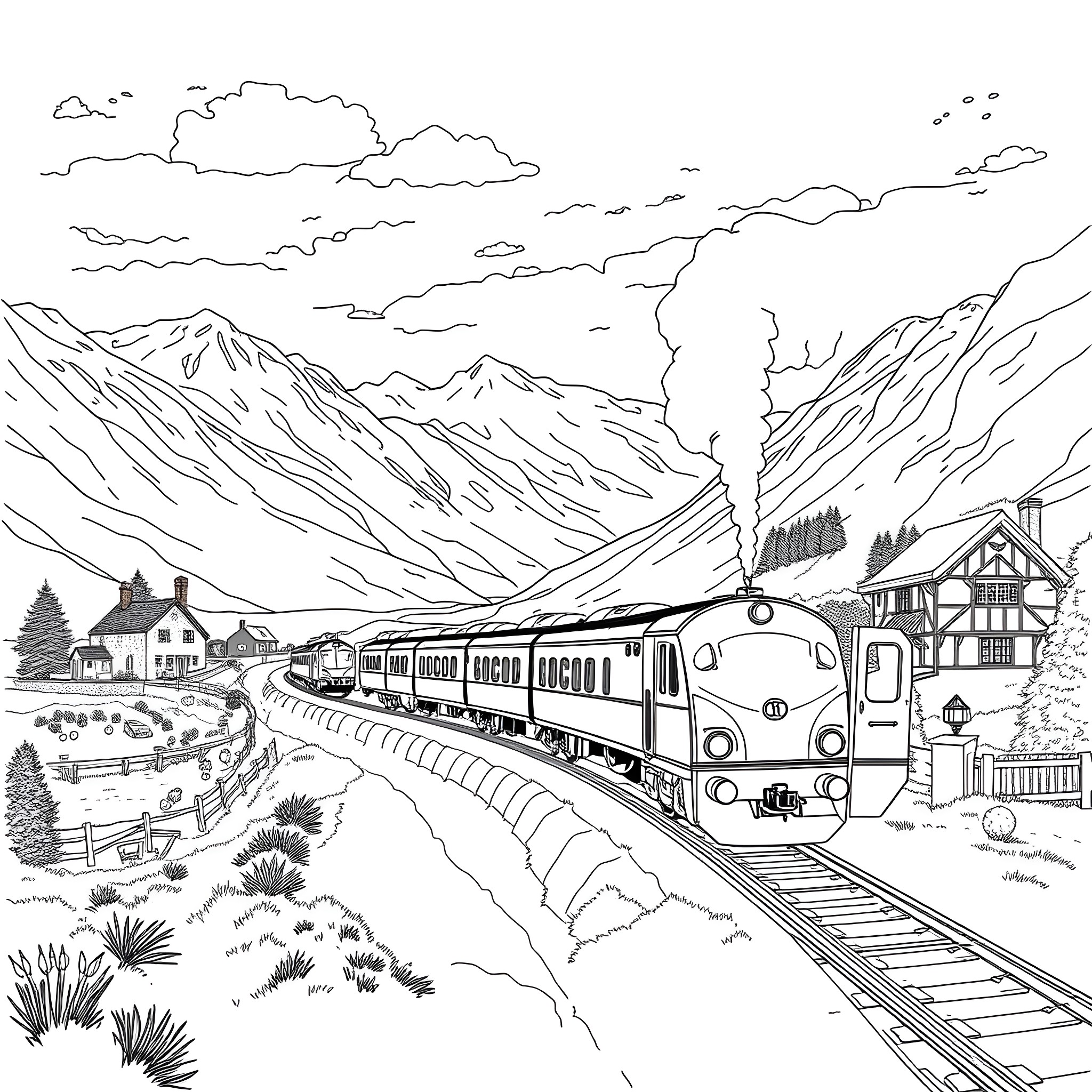 Belmond Royal Scotsman train journeying through scenic Scottish countryside Coloring Page (free black-and-white line drawing printable PDF for all, from beginners to advanced learners, including children, teens, adults, and seniors)