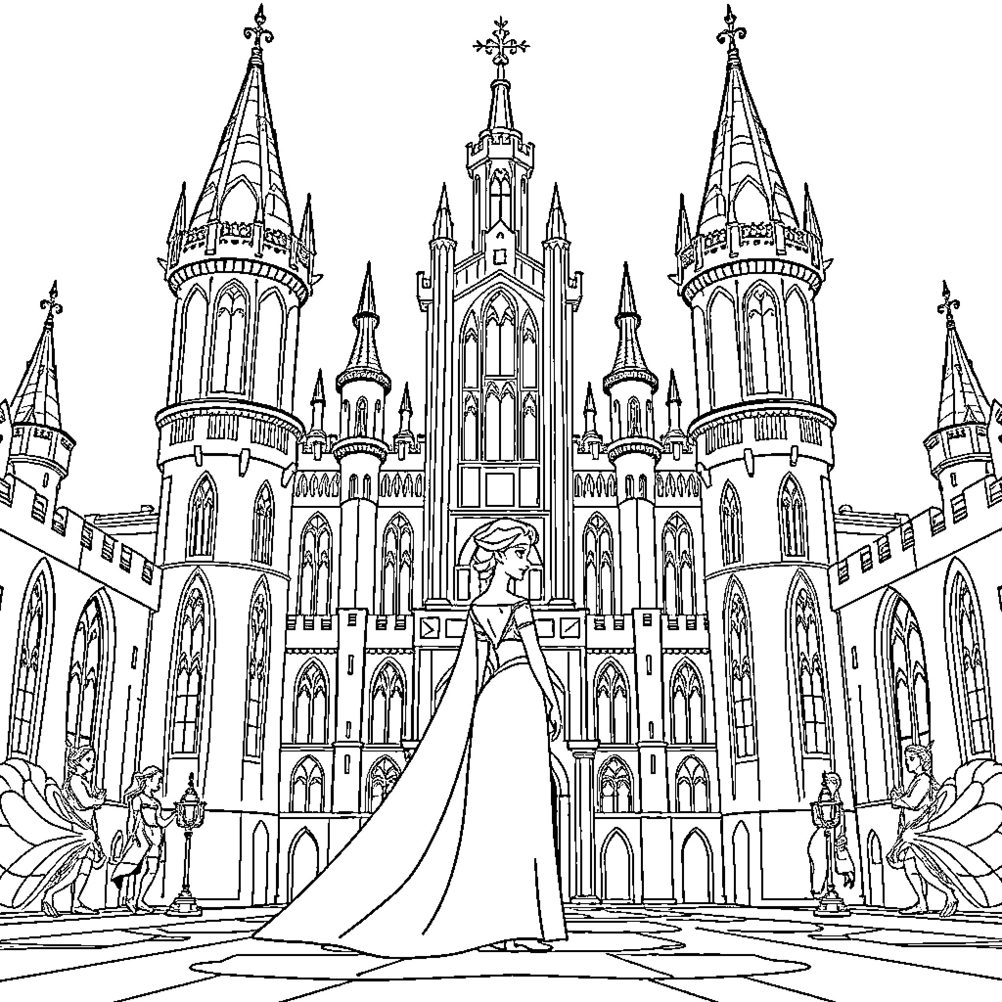 Elsa standing gracefully in front of a grand castle Coloring Page (free black-and-white line drawing printable PDF for all, from beginners to advanced learners, including children, teens, adults, and seniors)