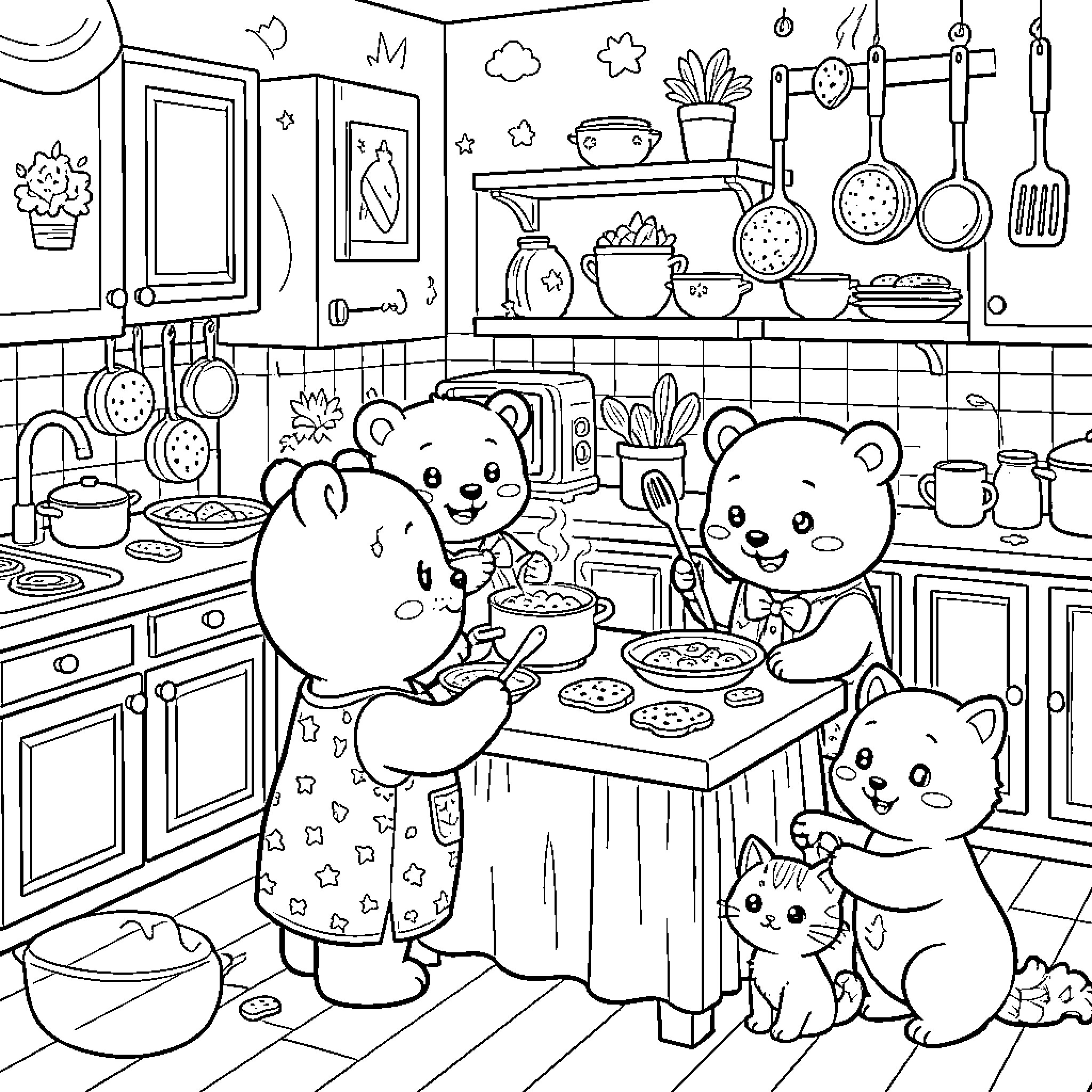 Bear Family Cooking Delicious Meal in Kitchen Coloring Page (free black-and-white line drawing printable PDF for all, from beginners to advanced learners, including children, teens, adults, and seniors)