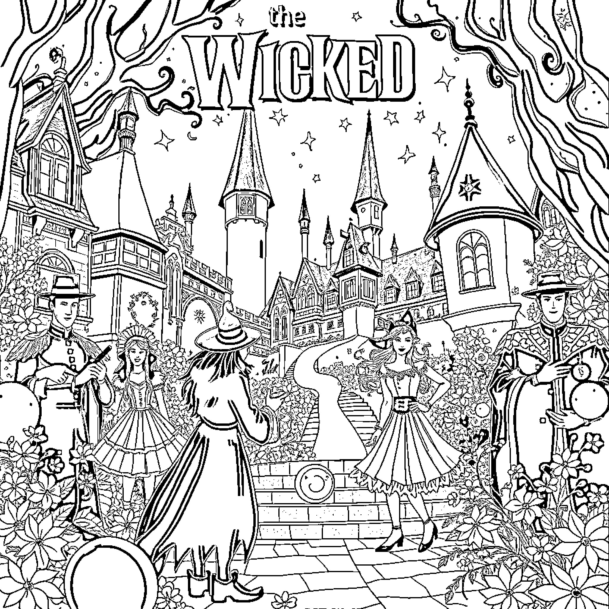 Wicked characters and fantastical castle scene Coloring Page (free black-and-white line drawing printable PDF for all, from beginners to advanced learners, including children, teens, adults, and seniors)