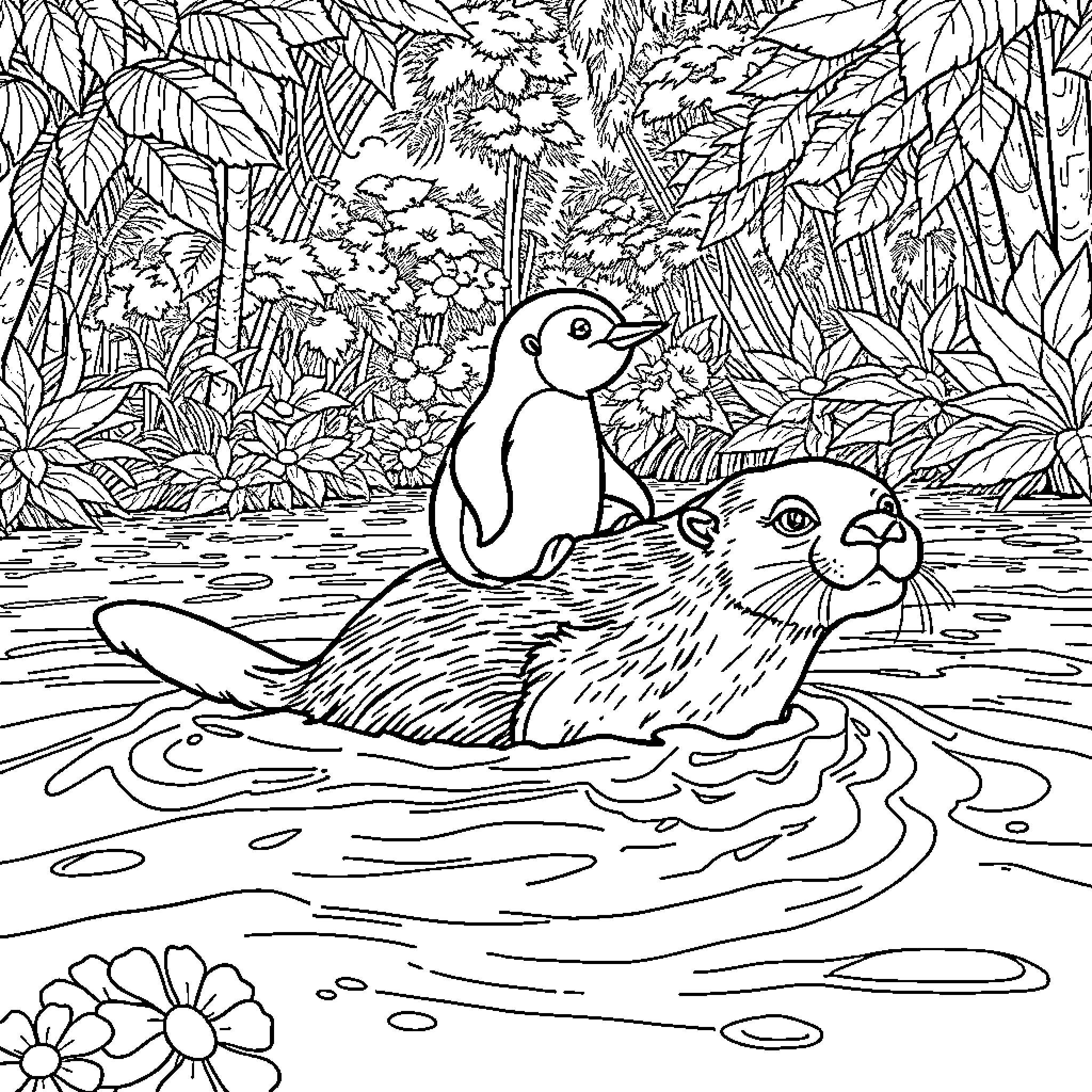 Penguin in a lush, natural habitat Coloring Page (free black-and-white line drawing printable PDF for all, from beginners to advanced learners, including children, teens, adults, and seniors)