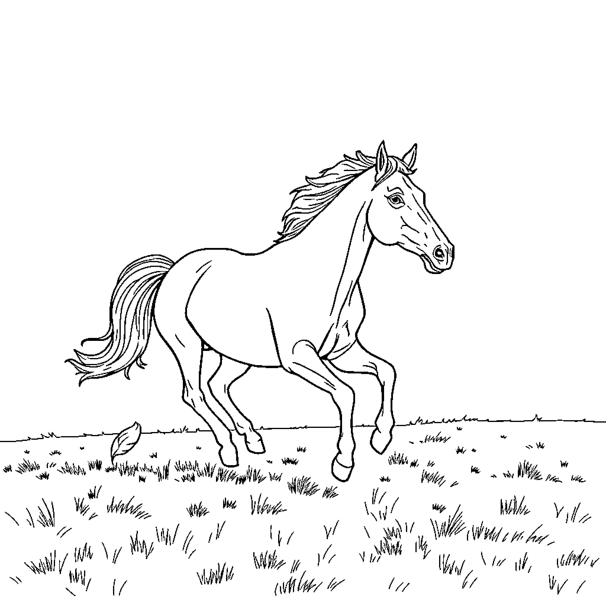 Horse galloping through a meadow Coloring Page (free black-and-white line drawing printable PDF for all, from beginners to advanced learners, including children, teens, adults, and seniors)