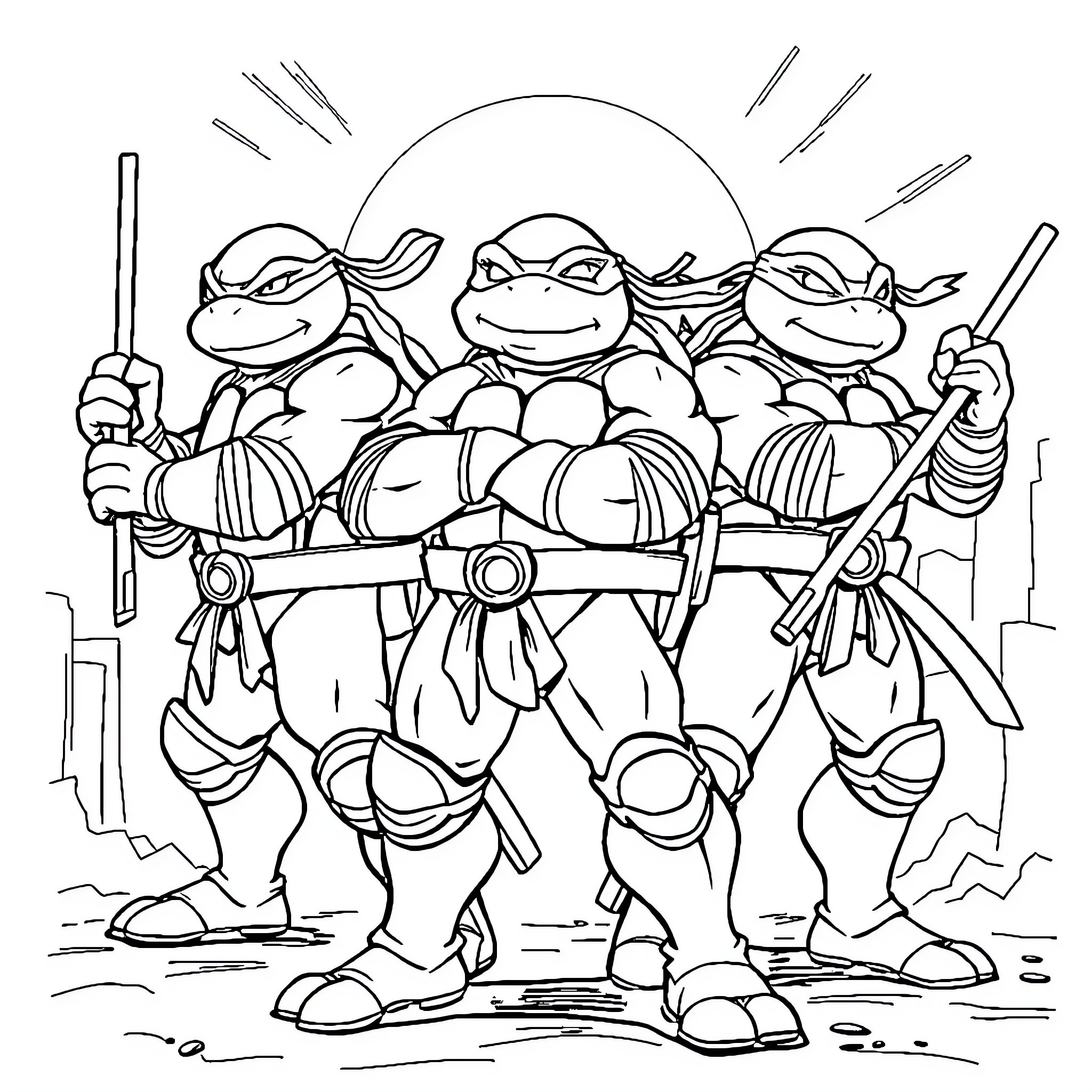 Teenage Mutant Ninja Turtles ready for action Coloring Page (free black-and-white line drawing printable PDF for all, from beginners to advanced learners, including children, teens, adults, and seniors)