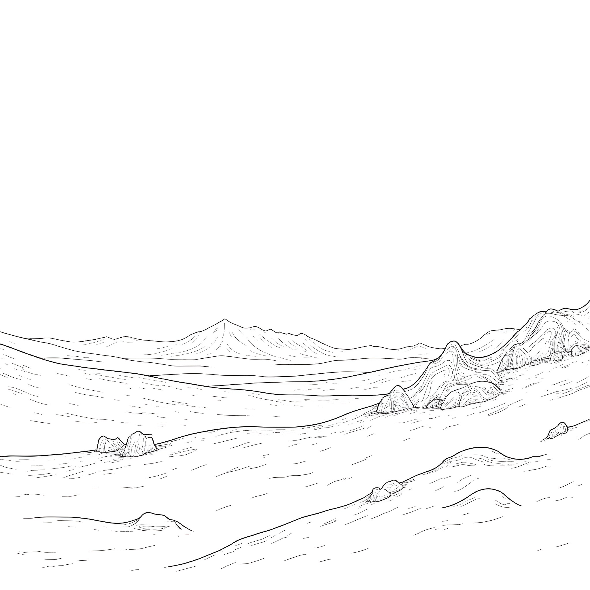 Stephen Bonocre exploring the rugged mountain landscape Coloring Page (free black-and-white line drawing printable PDF for all, from beginners to advanced learners, including children, teens, adults, and seniors)