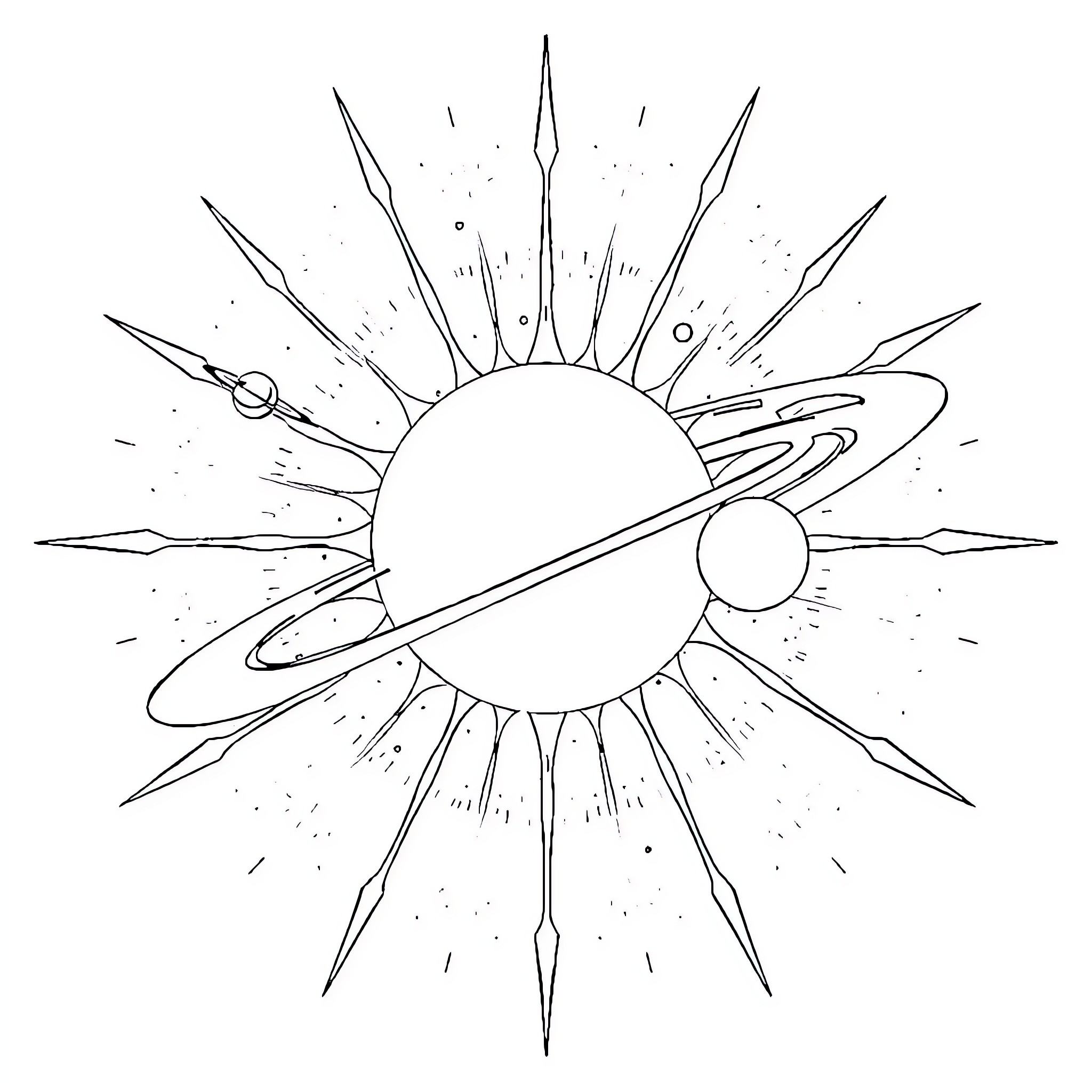 Solar System with Celestial Bodies and Radiant Sun Coloring Page (free black-and-white line drawing printable PDF for all, from beginners to advanced learners, including children, teens, adults, and seniors)