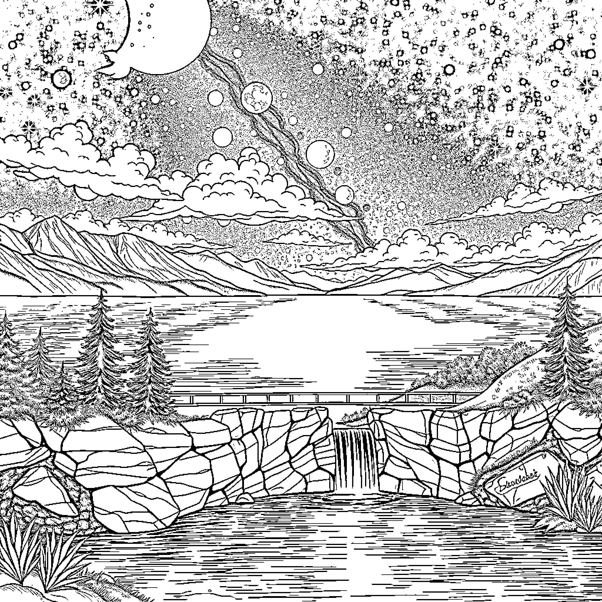 Lake with Waterfall and Starry Night Sky Coloring Page (free black-and-white line drawing printable PDF for all, from beginners to advanced learners, including children, teens, adults, and seniors)