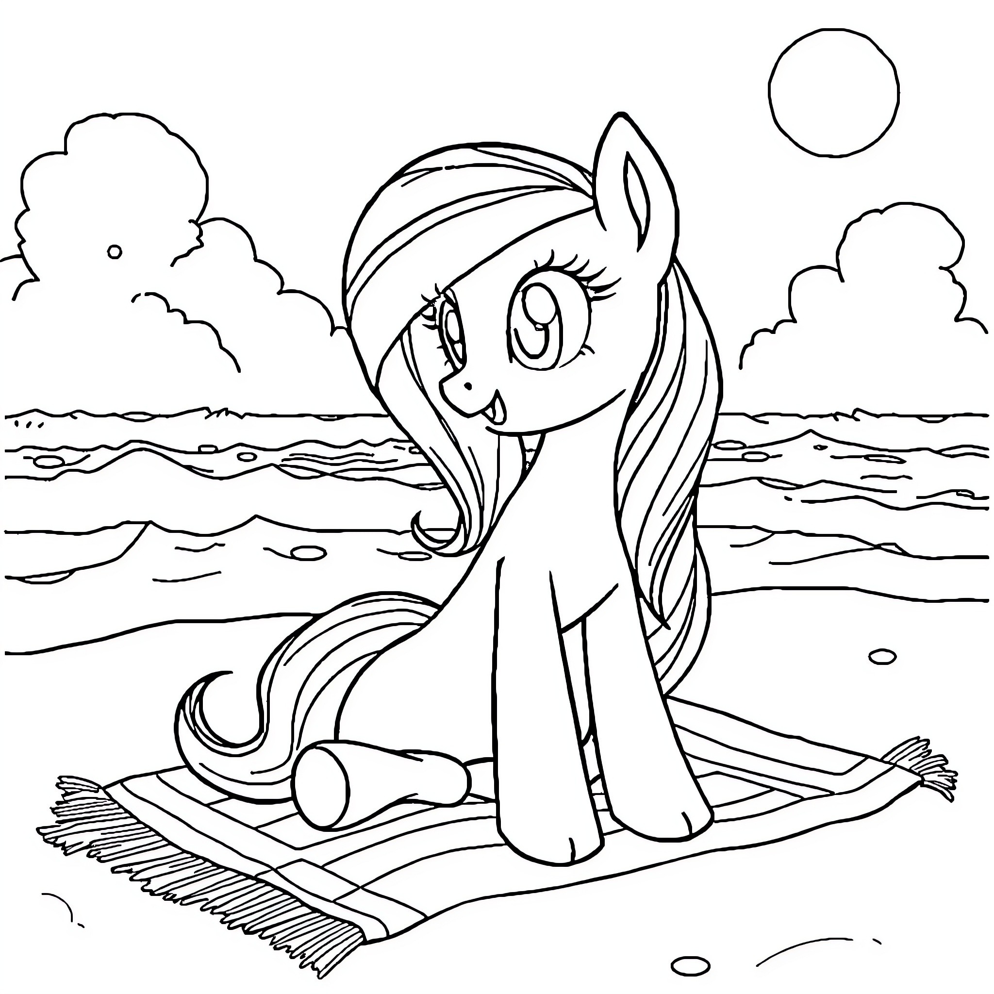 Rainbow Dash enjoying a peaceful day at the beach Coloring Page (free black-and-white line drawing printable PDF for all, from beginners to advanced learners, including children, teens, adults, and seniors)