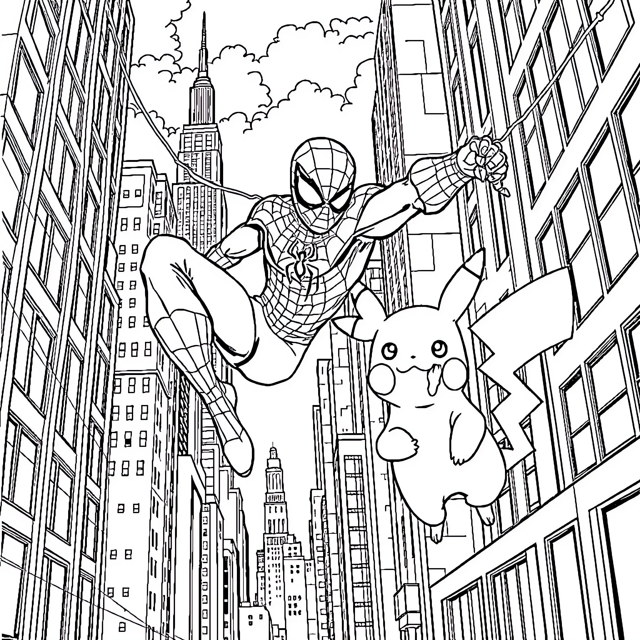 Spiderman swinging through city with Pikachu Coloring Page (free black-and-white line drawing printable PDF for all, from beginners to advanced learners, including children, teens, adults, and seniors)
