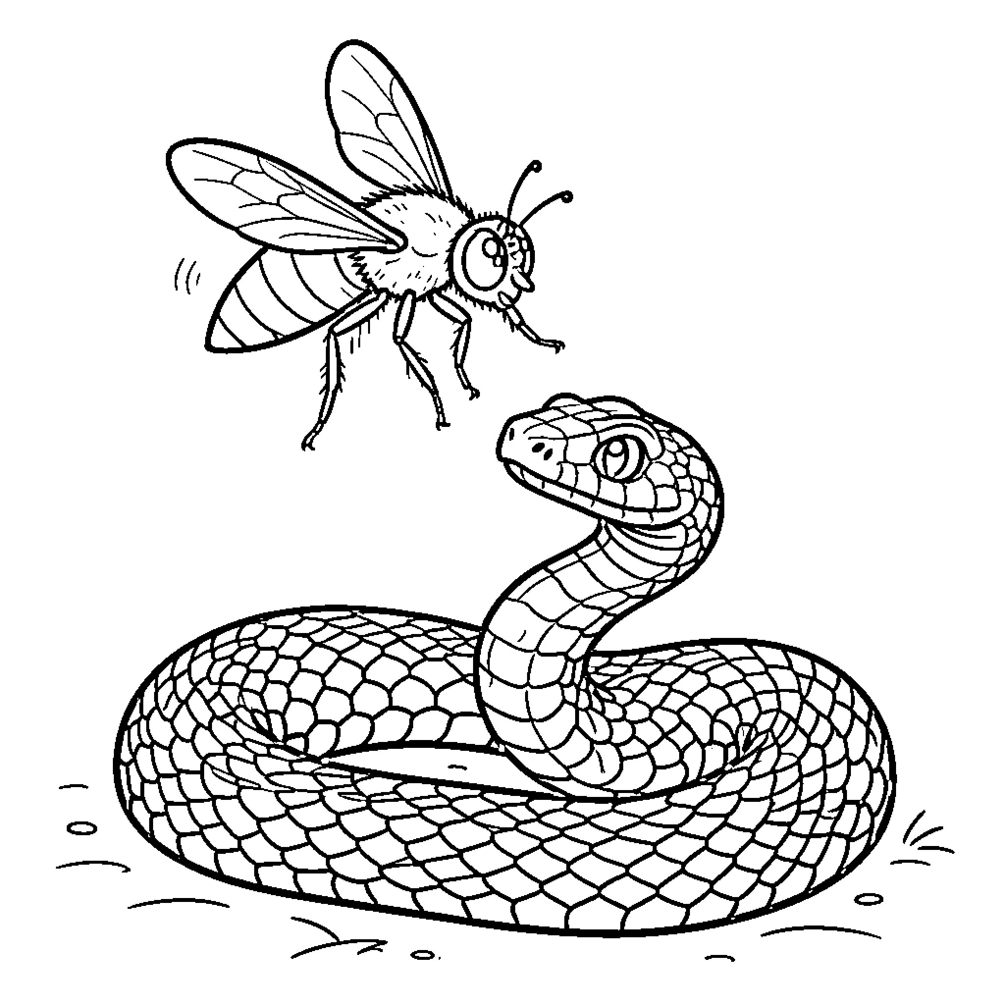 Fly approaching a curious snake on the ground Coloring Page (free black-and-white line drawing printable PDF for all, from beginners to advanced learners, including children, teens, adults, and seniors)