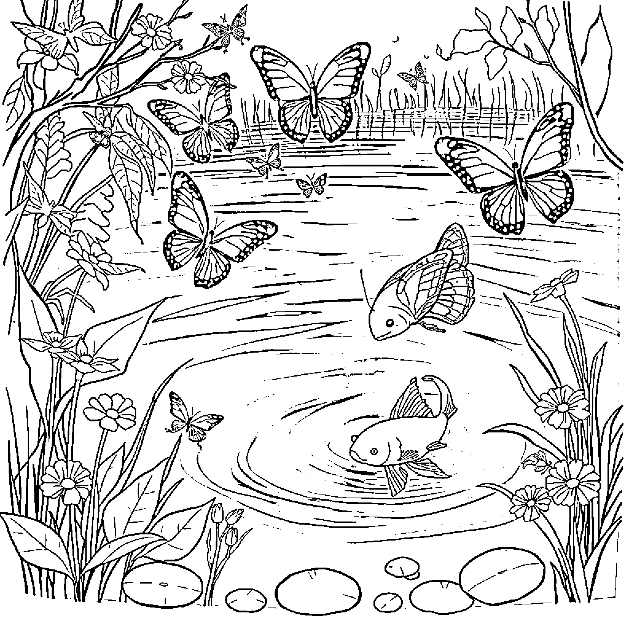 Butterfly Pond Scene with Aquatic Life and Flowers Coloring Page (free black-and-white line drawing printable PDF for all, from beginners to advanced learners, including children, teens, adults, and seniors)