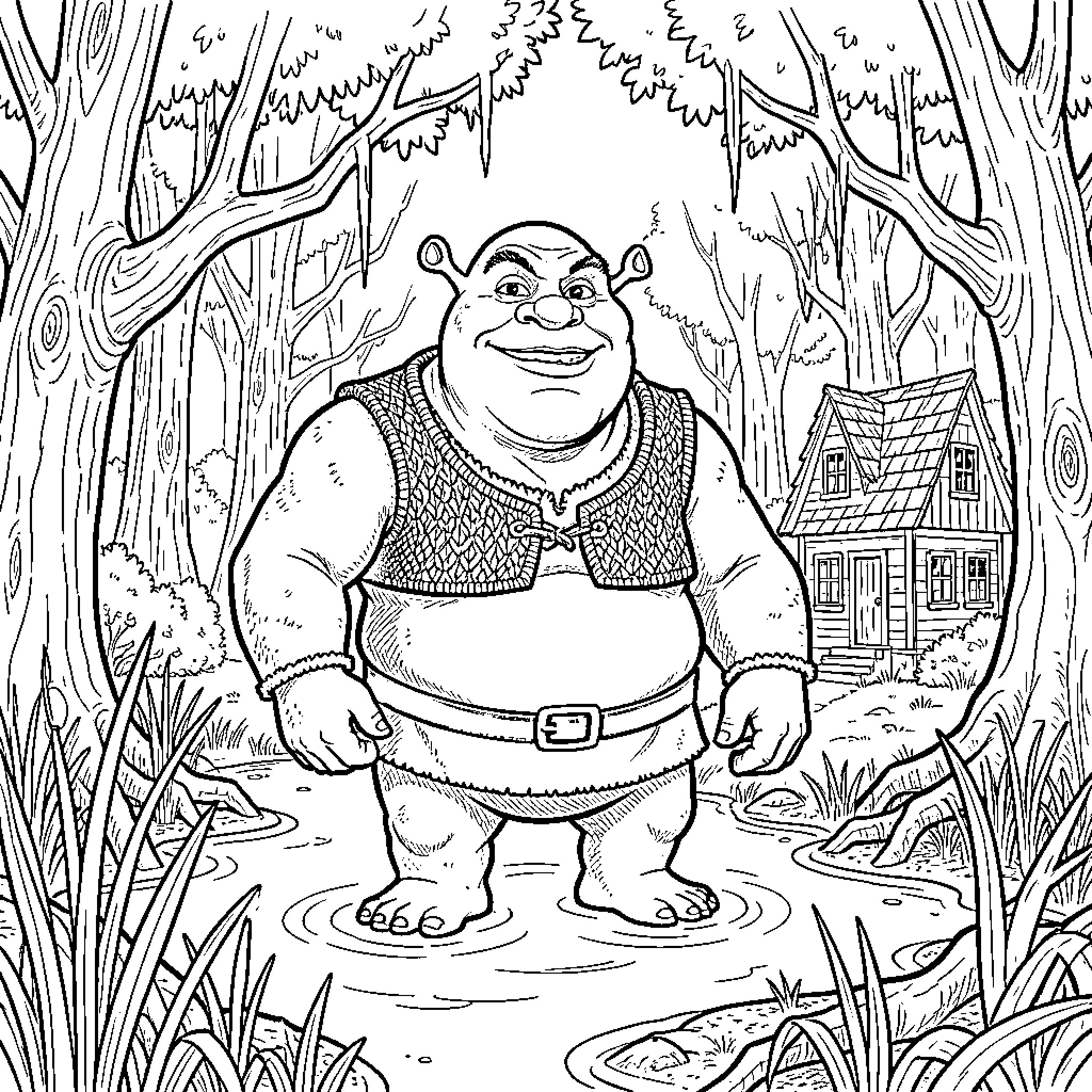 Shrek standing smiling in a swampy forest Coloring Page (free black-and-white line drawing printable PDF for all, from beginners to advanced learners, including children, teens, adults, and seniors)