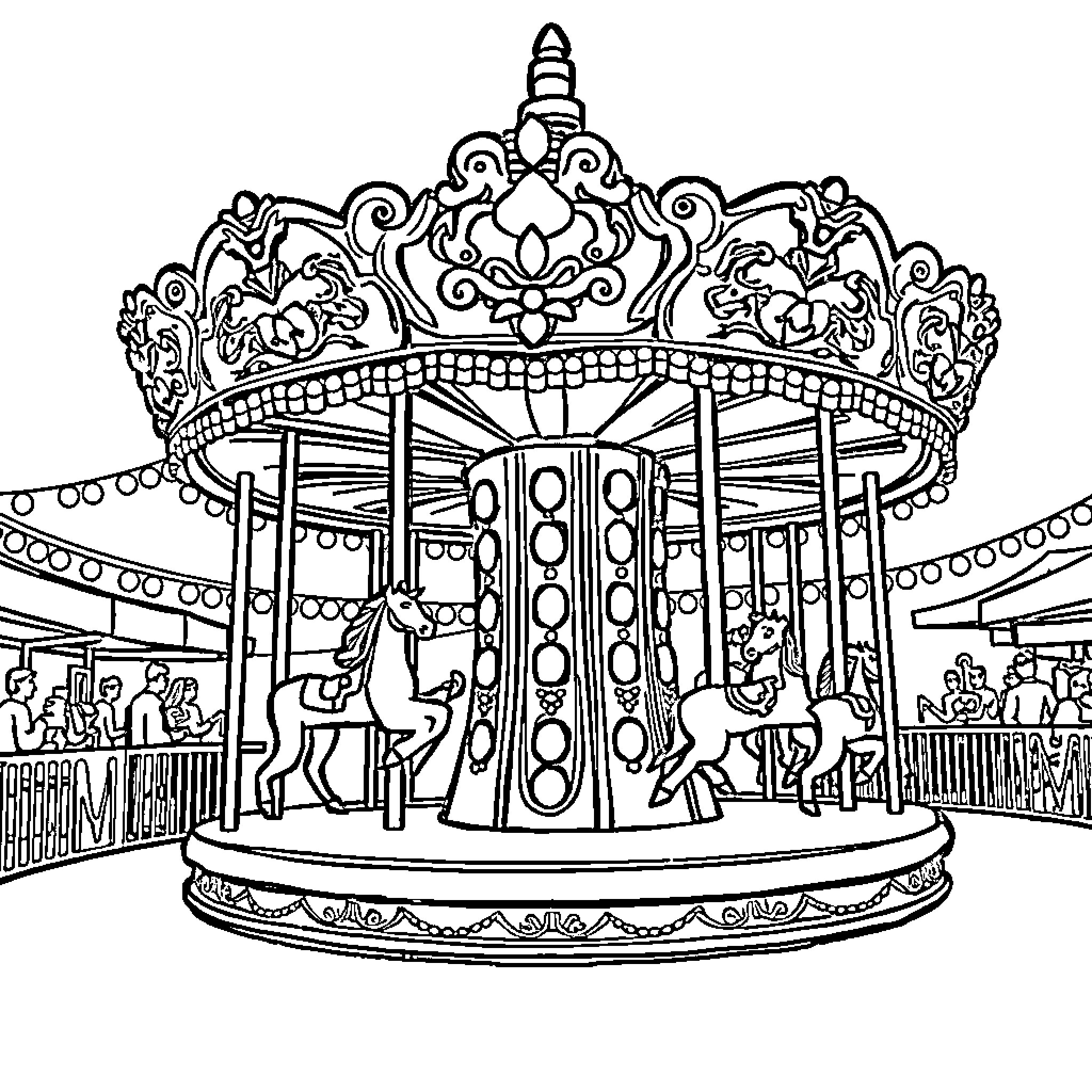 Carousel of colorful horses and passengers Coloring Page (free black-and-white line drawing printable PDF for all, from beginners to advanced learners, including children, teens, adults, and seniors)