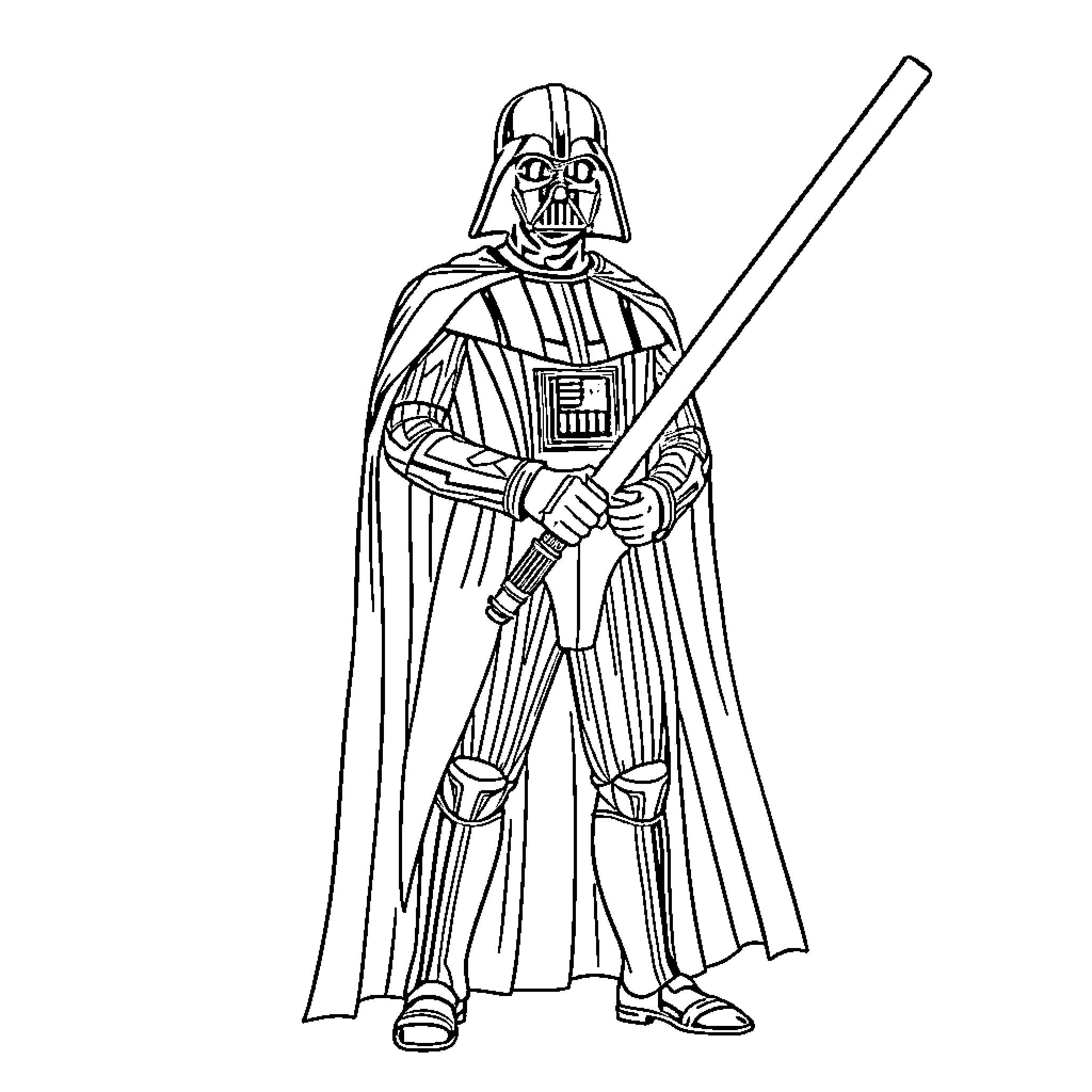 Darth Vader holding his iconic lightsaber Coloring Page (free black-and-white line drawing printable PDF for all, from beginners to advanced learners, including children, teens, adults, and seniors)