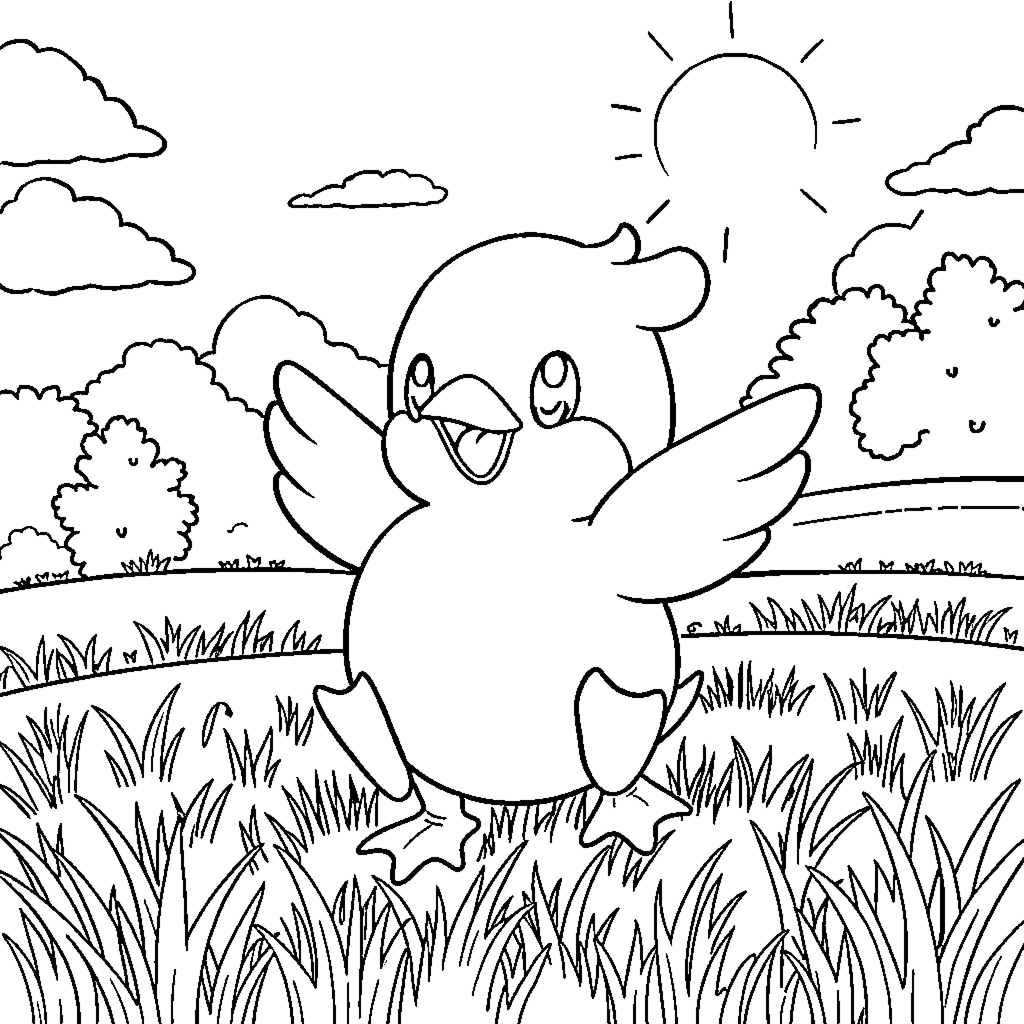 Piplup enjoying a sunny day in the meadow Coloring Page (free black-and-white line drawing printable PDF for all, from beginners to advanced learners, including children, teens, adults, and seniors)