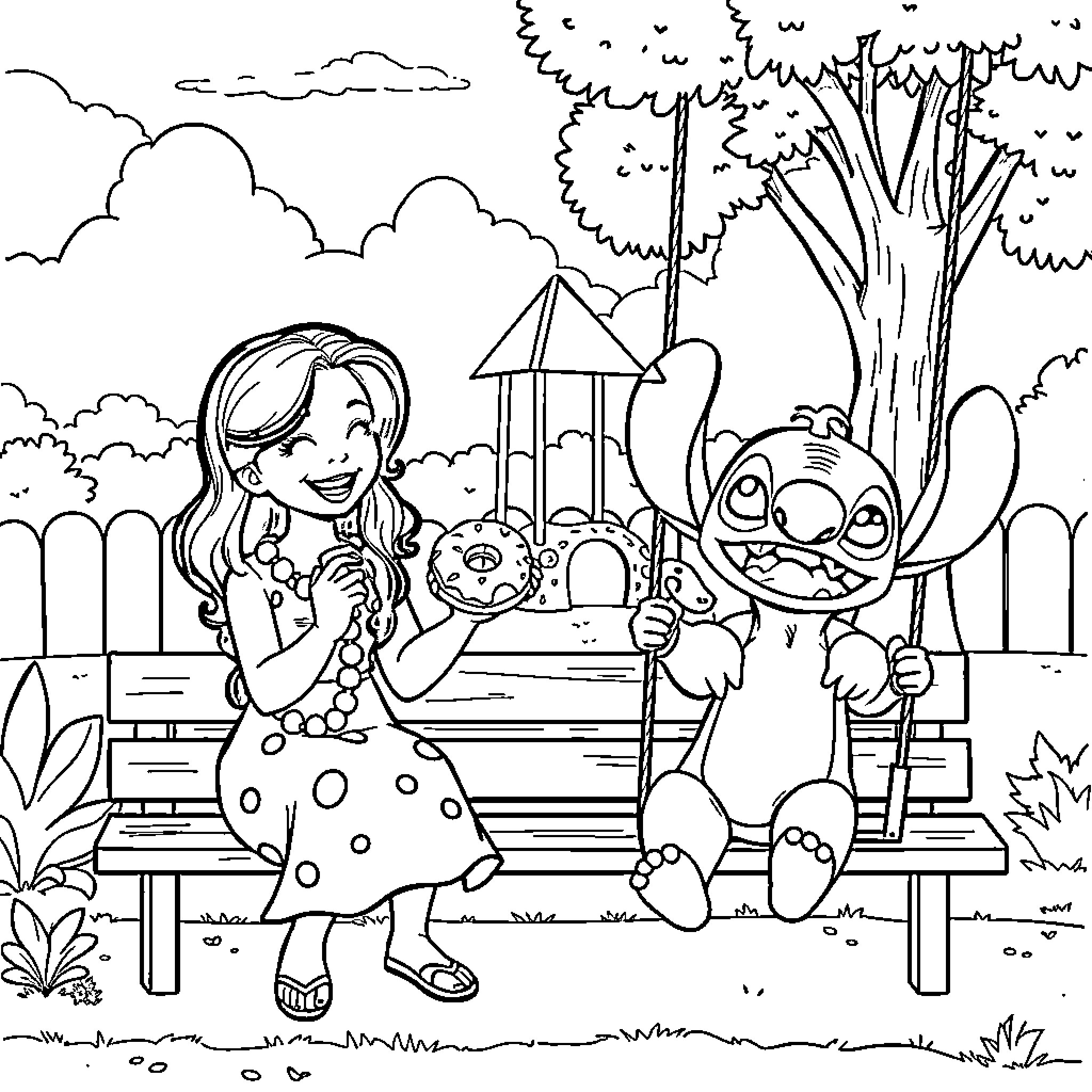 Nani's Playful Encounter in the Enchanted Park Coloring Page (free black-and-white line drawing printable PDF for all, from beginners to advanced learners, including children, teens, adults, and seniors)