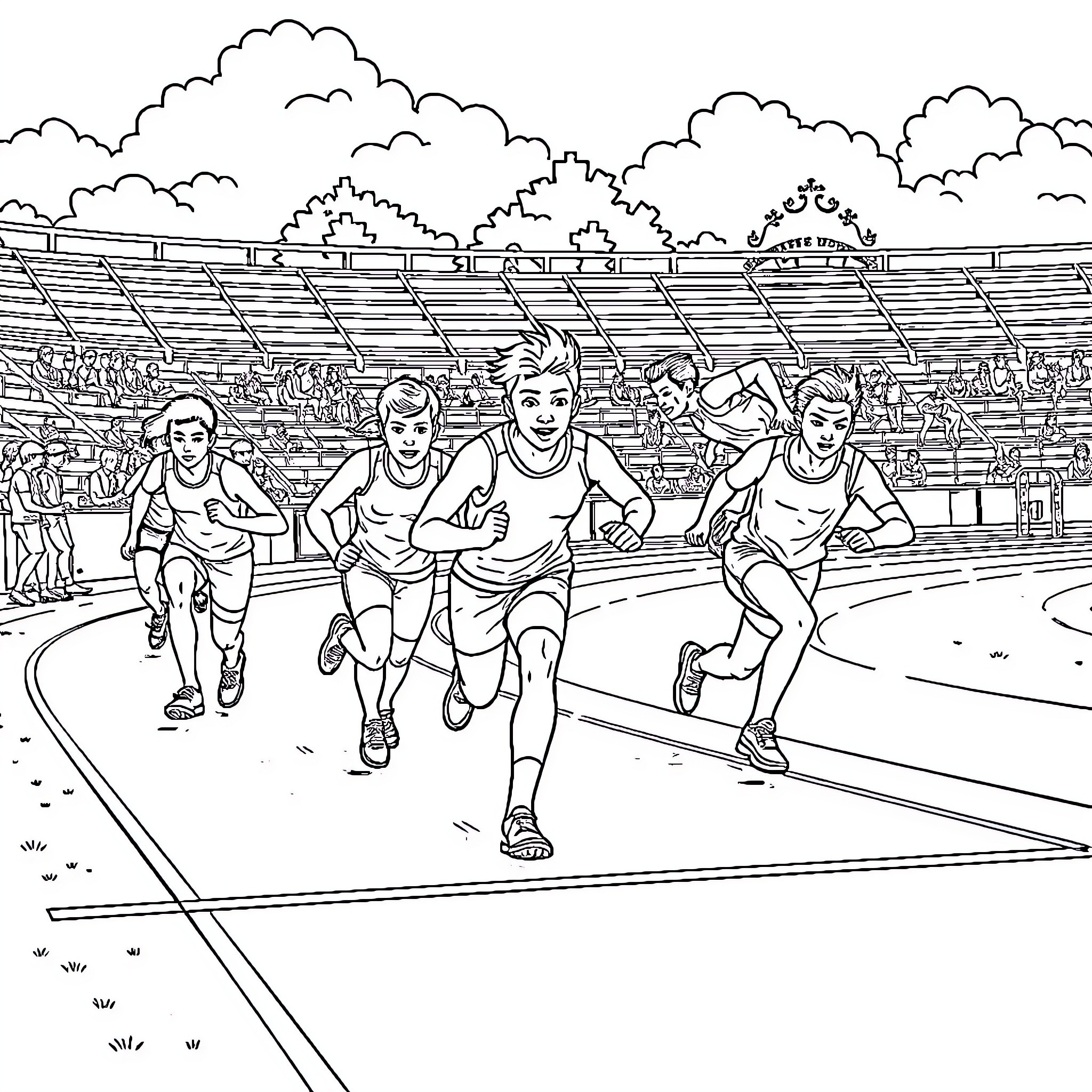 Sprint runners competing in a race on the track Coloring Page (free black-and-white line drawing printable PDF for all, from beginners to advanced learners, including children, teens, adults, and seniors)