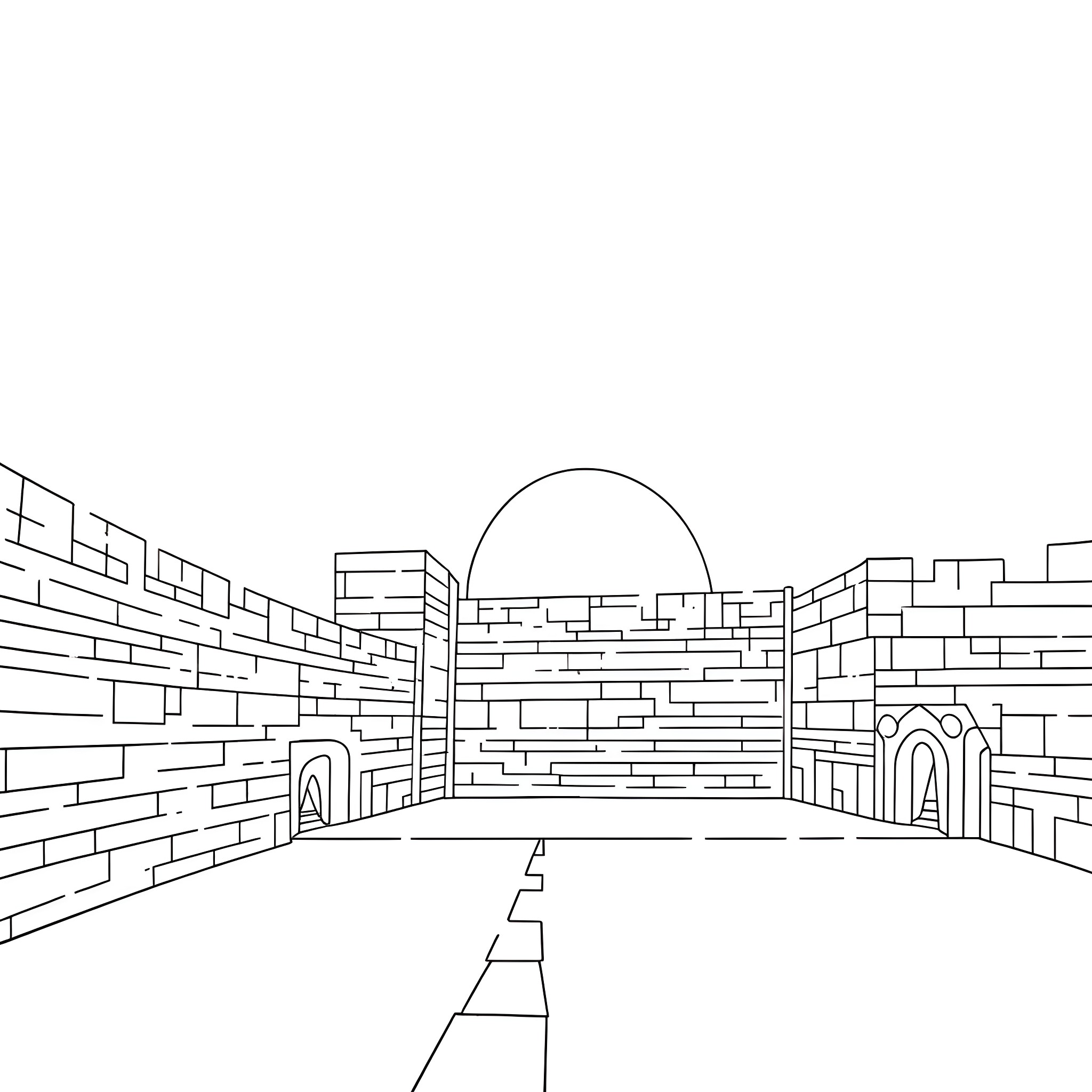 Wall with Arched Entrance and Curved Path Coloring Page (free black-and-white line drawing printable PDF for all, from beginners to advanced learners, including children, teens, adults, and seniors)