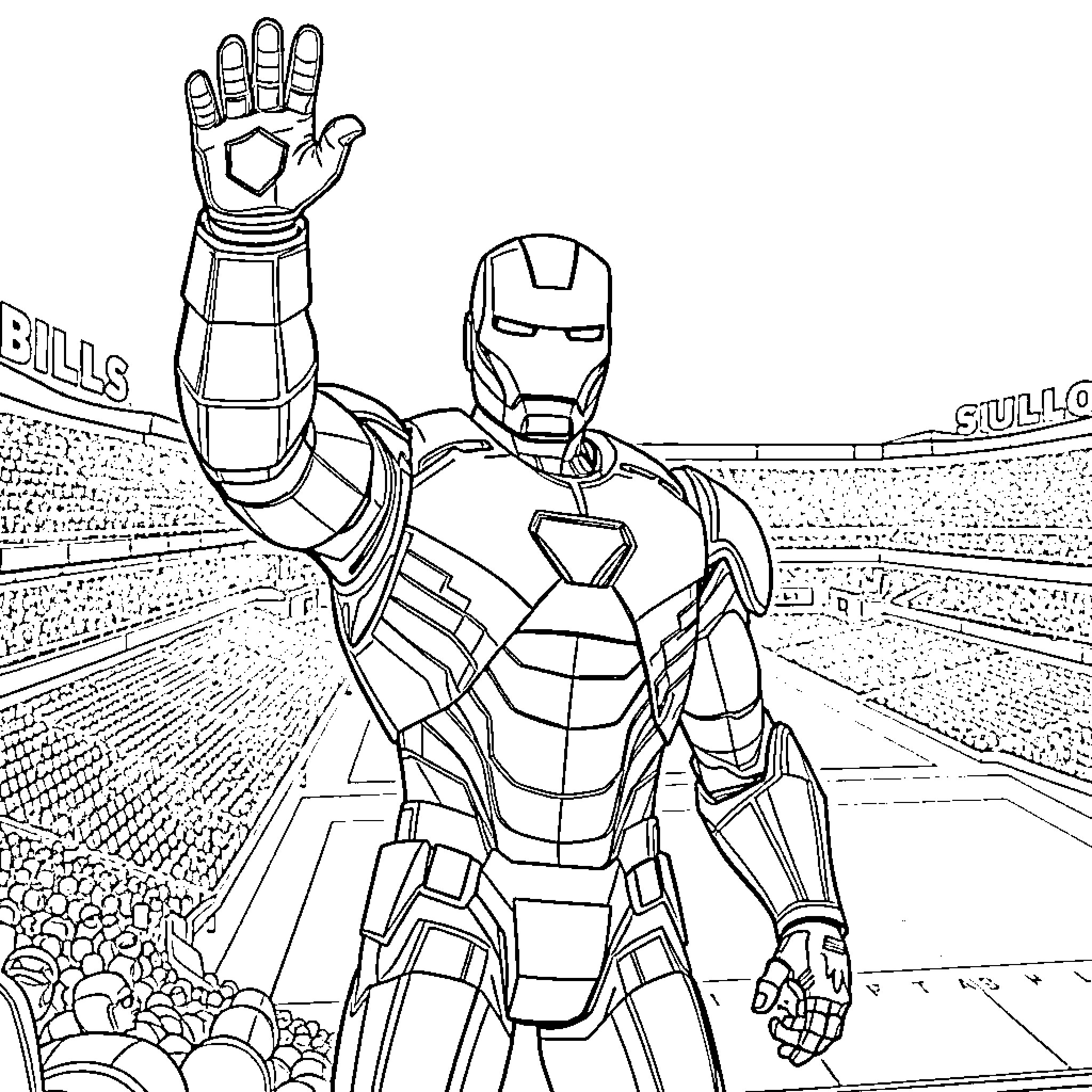 Ironman Heroic Stance in Superhero Stadium Coloring Page (free black-and-white line drawing printable PDF for all, from beginners to advanced learners, including children, teens, adults, and seniors)