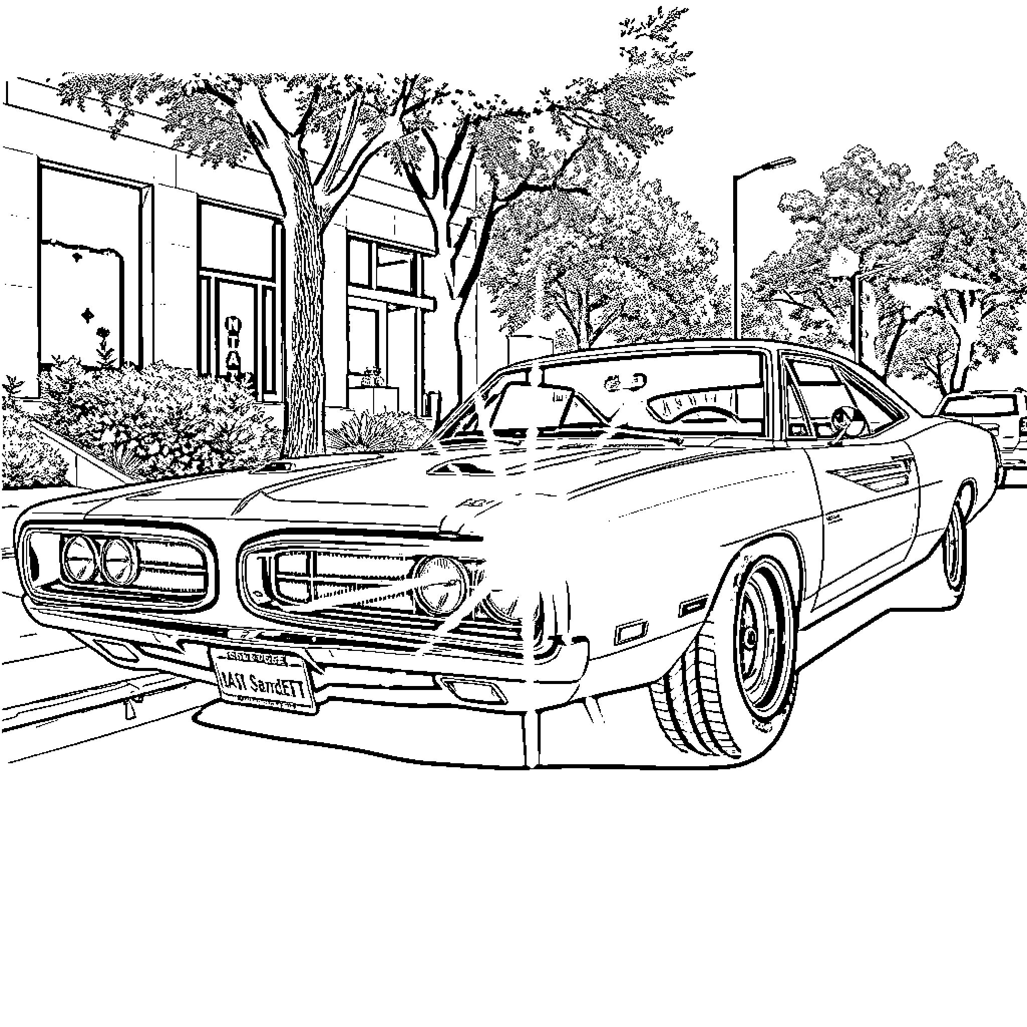Dodge muscle car parked on city street Coloring Page (free black-and-white line drawing printable PDF for all, from beginners to advanced learners, including children, teens, adults, and seniors)